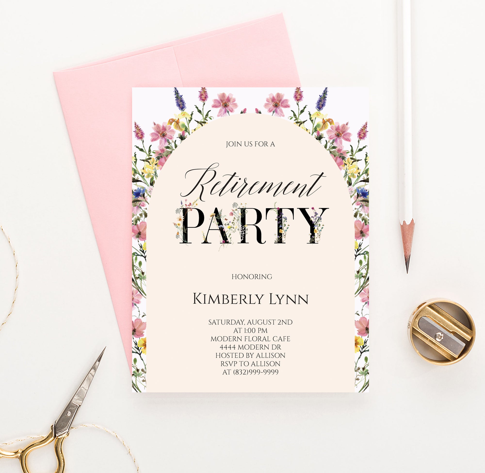 Modern Retirement Invitation Card With Wildflower Arch
