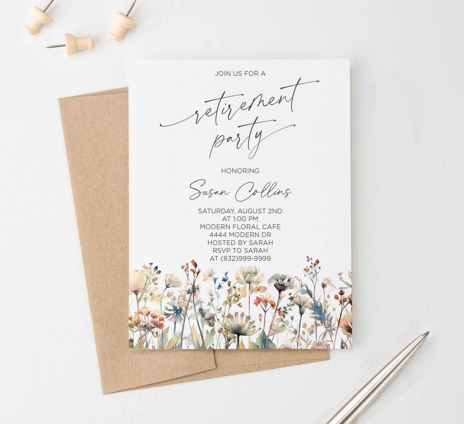 Chic Invitation Card For Retirement Party With Wildflowers
