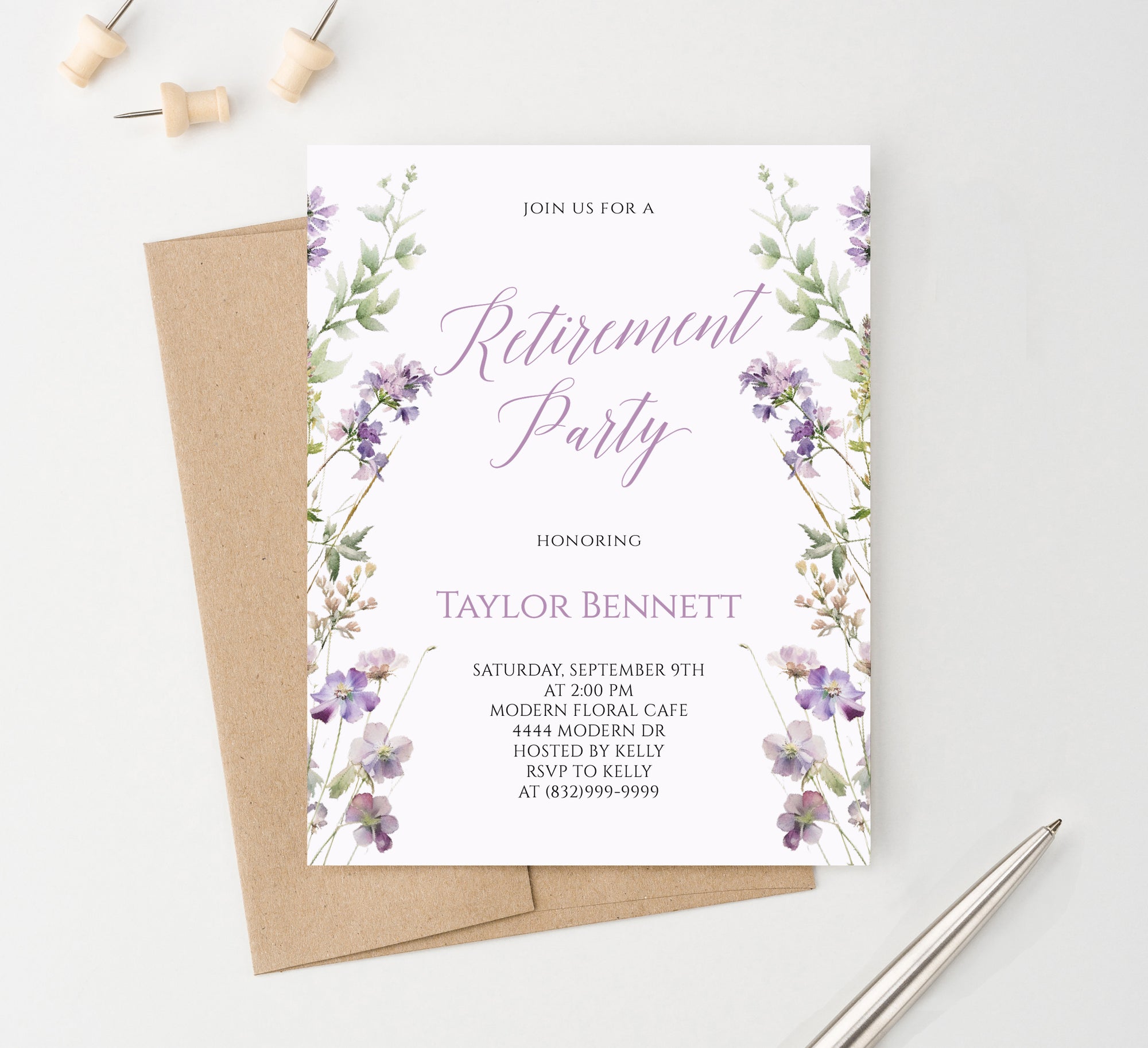 Classic Purple Floral Invitation Card For Retirement Party