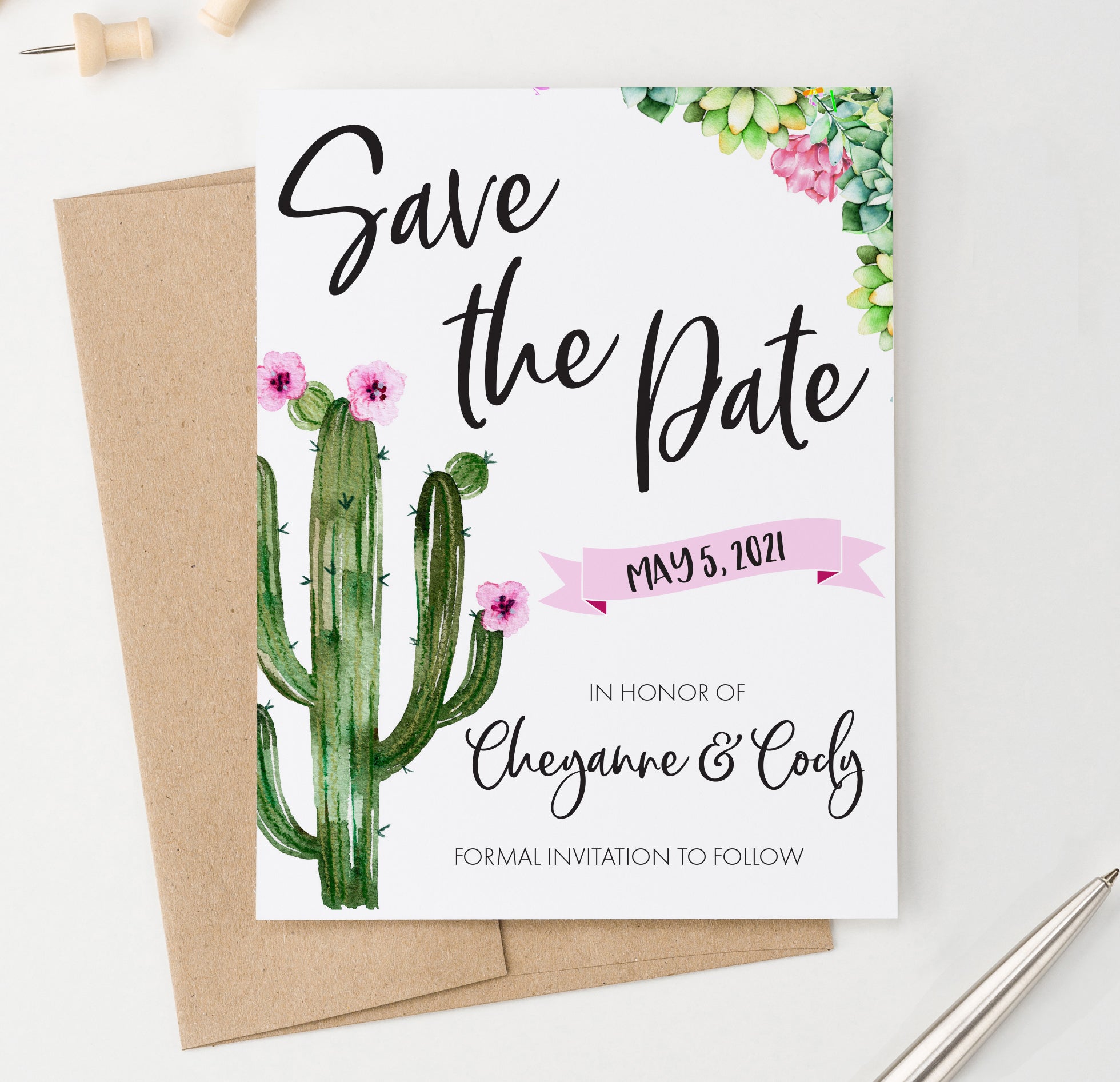 Cactus Watercolor Save The Date Invitations Personalized