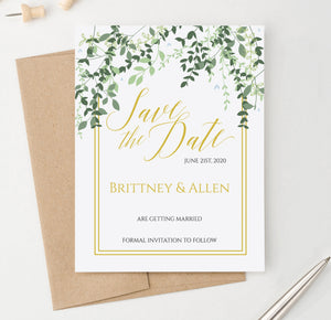 Personalized Greenery Top Save The Dates with Gold Frame