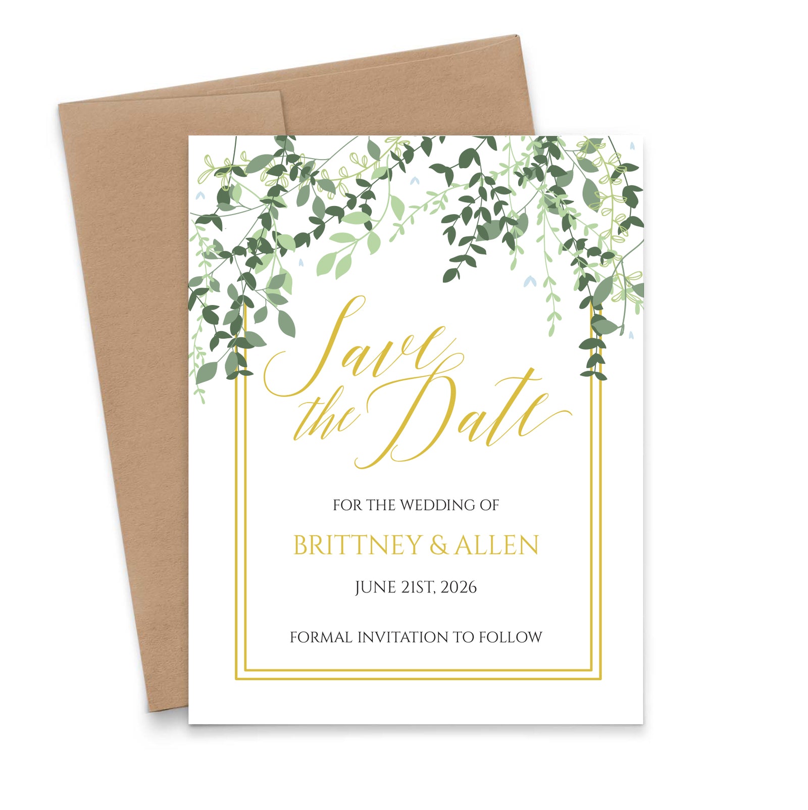Personalized Greenery Top Save The Dates with Gold Frame