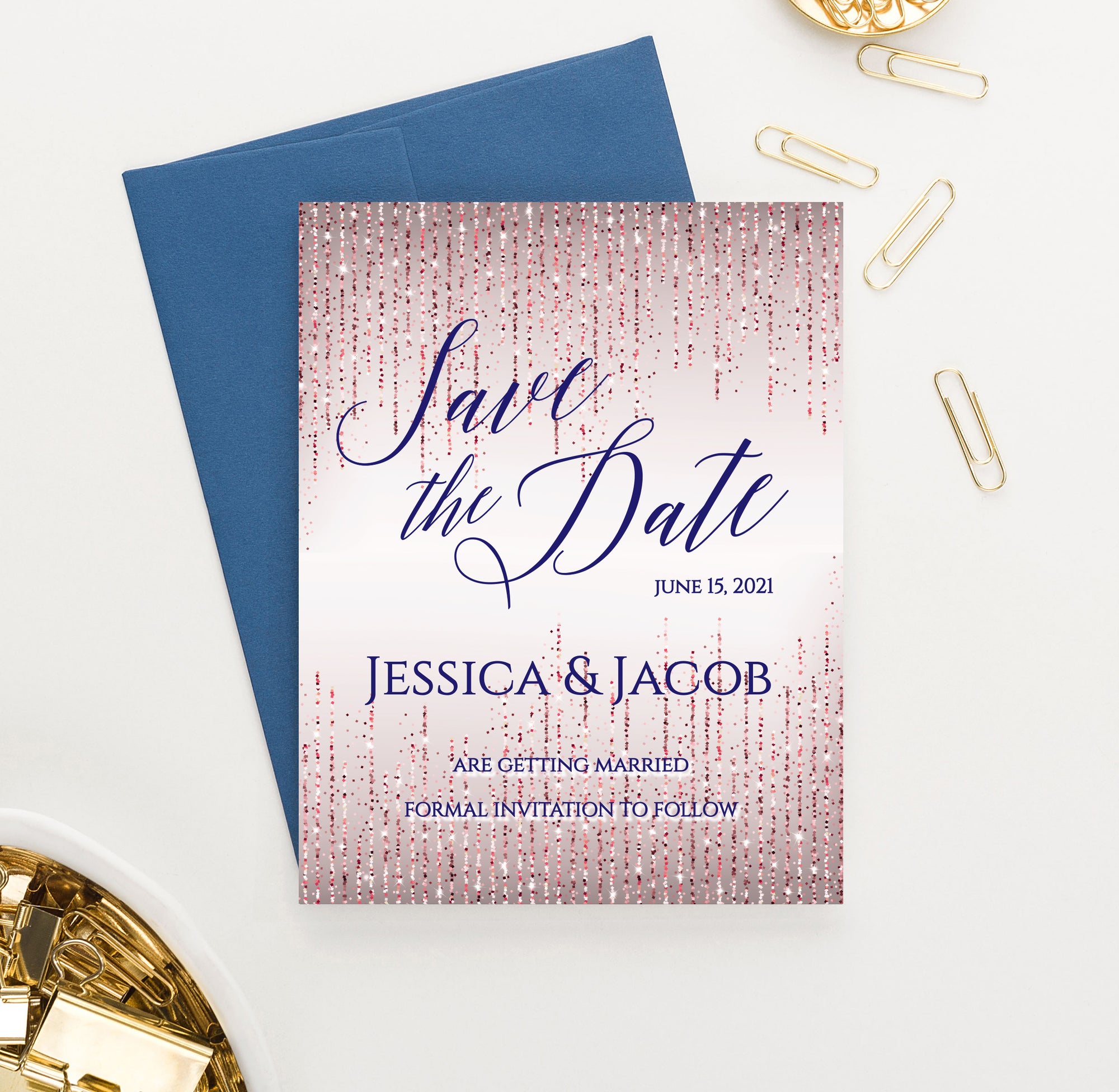 Elegant Personalized Rose Gold Glitter Save The Dates