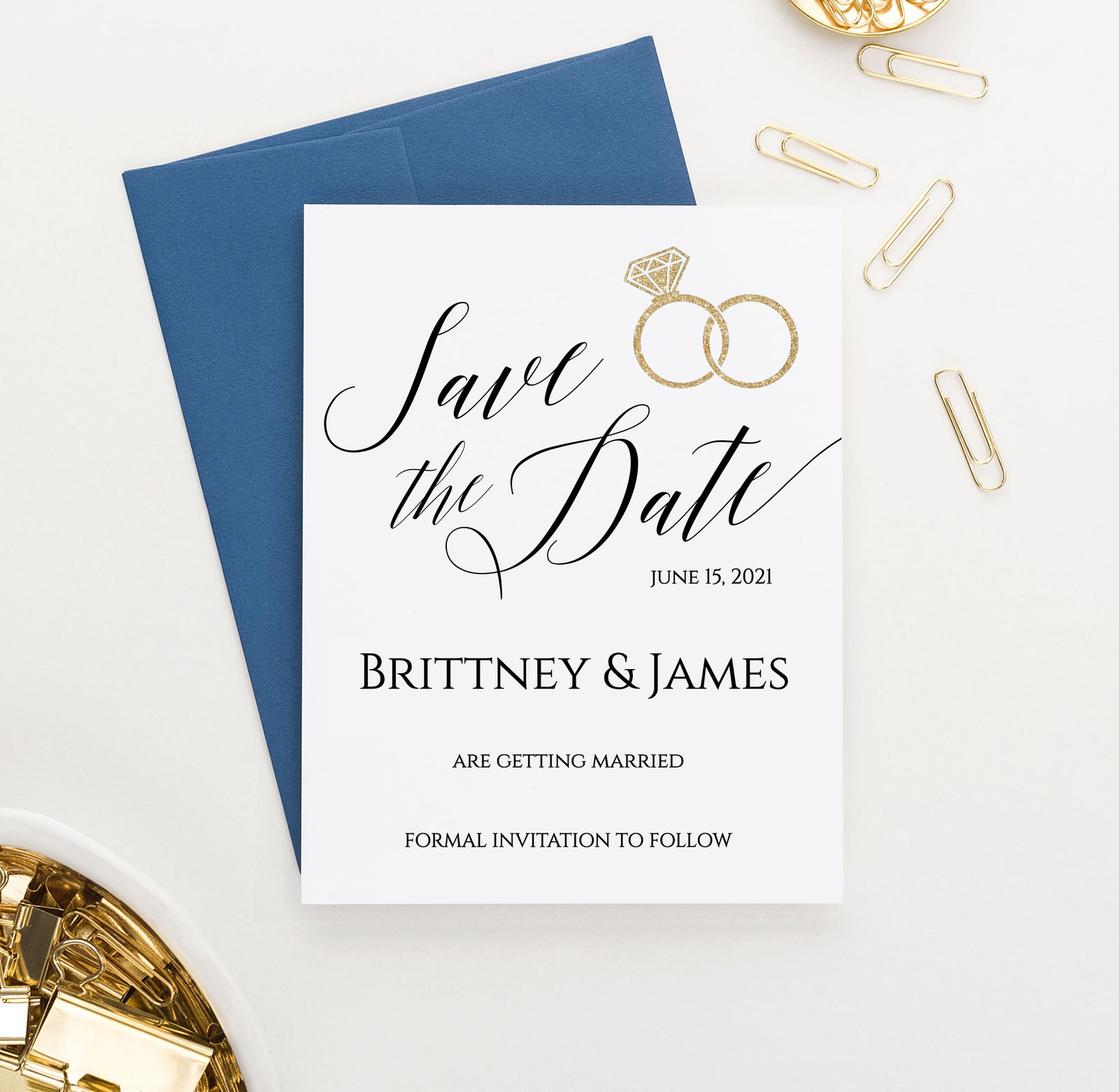 Personalized Classic Save The Dates With His And Hers Gold Rings