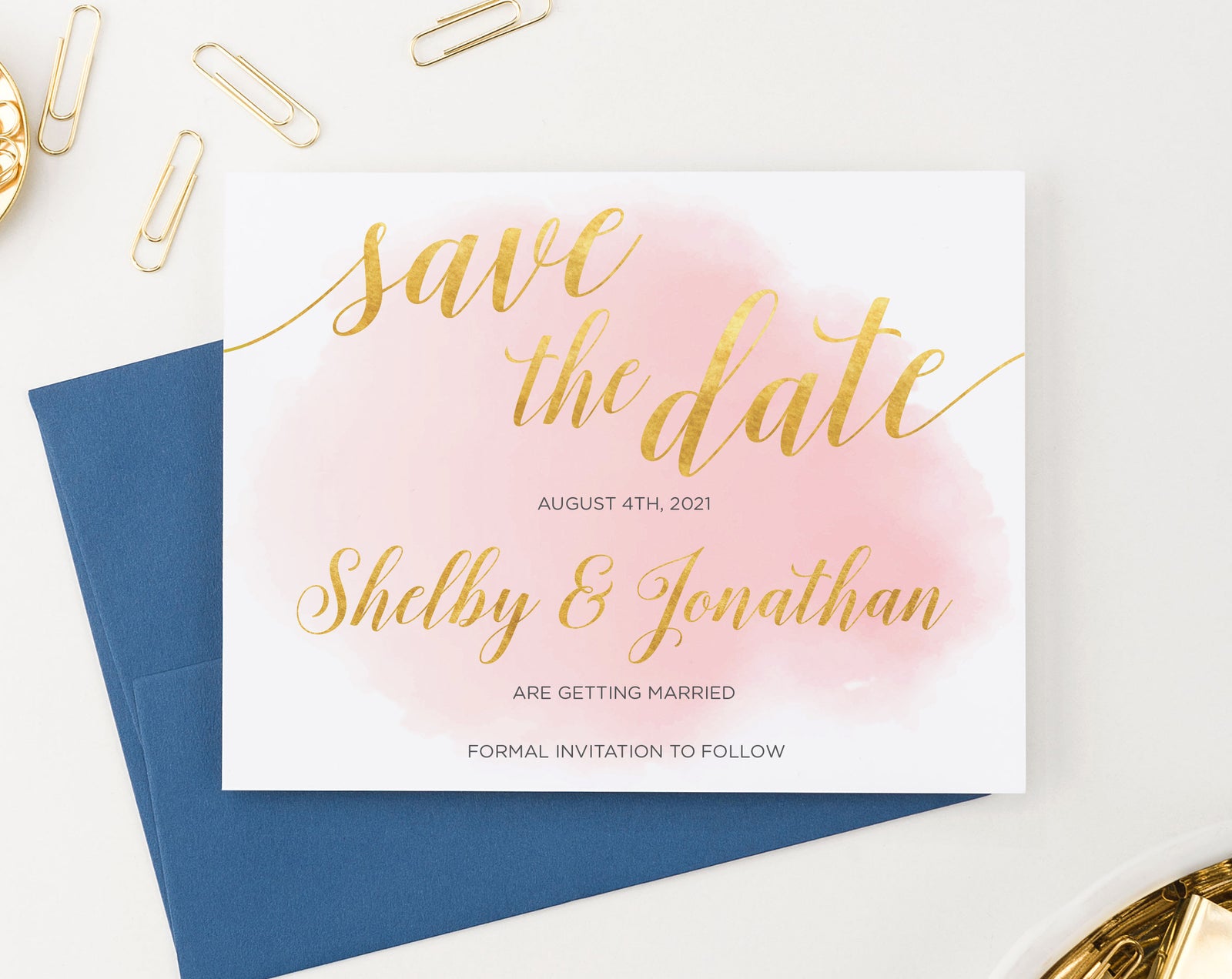 Pink Watercolor Custom Save The Dates With Gold Lettering