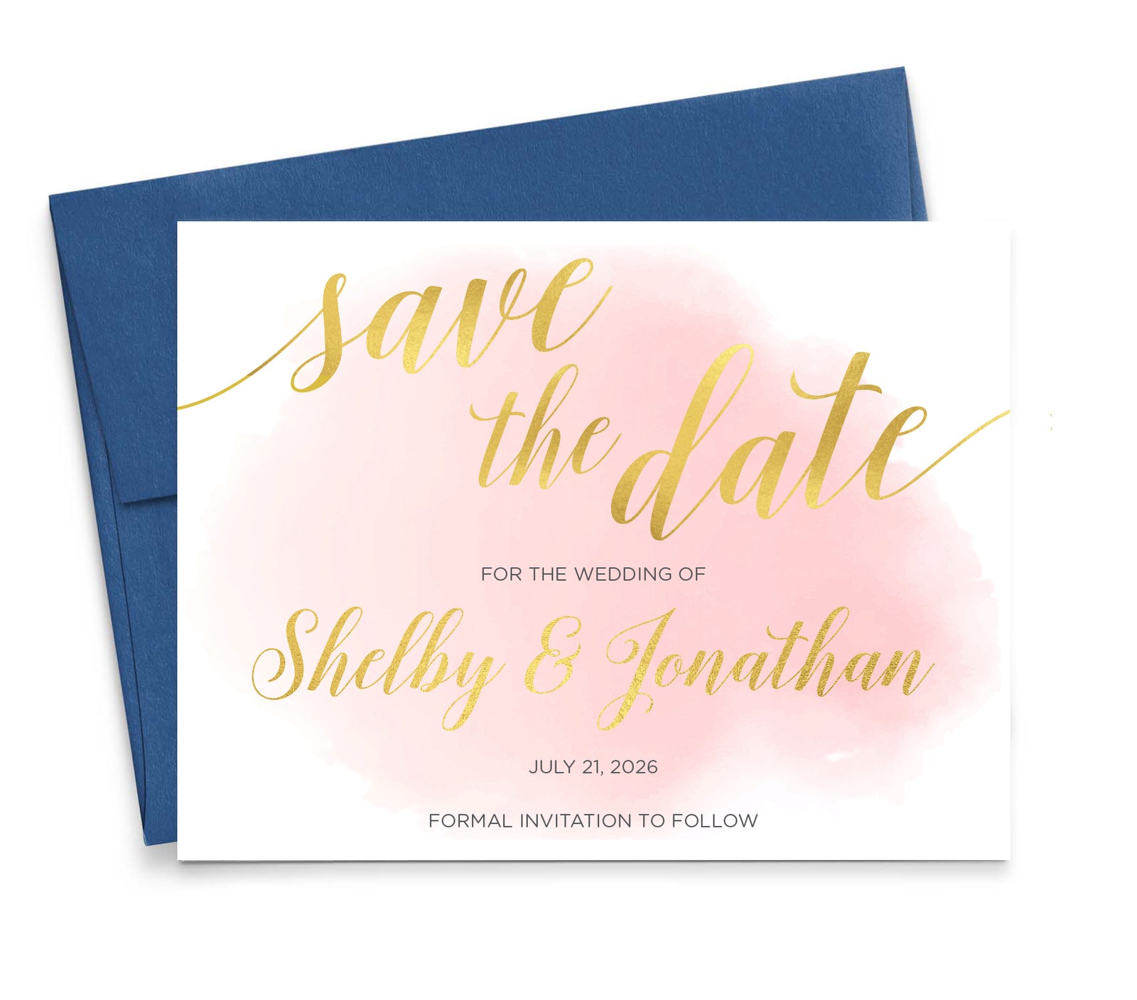 Pink Watercolor Custom Save The Dates With Gold Lettering