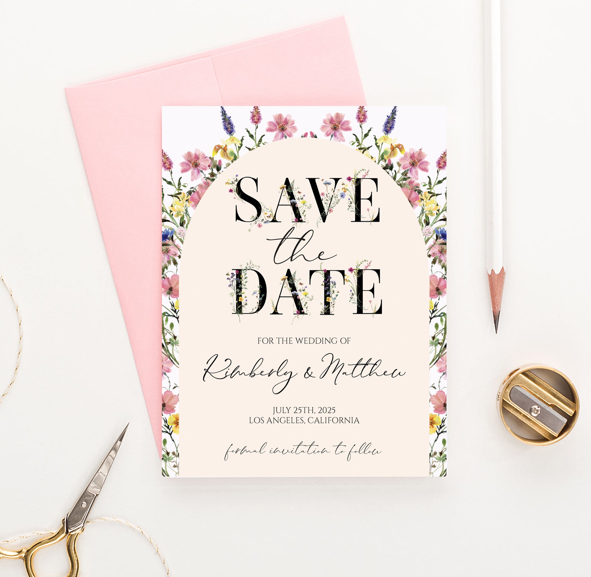 Modern Save The Date With Wildflower Arch