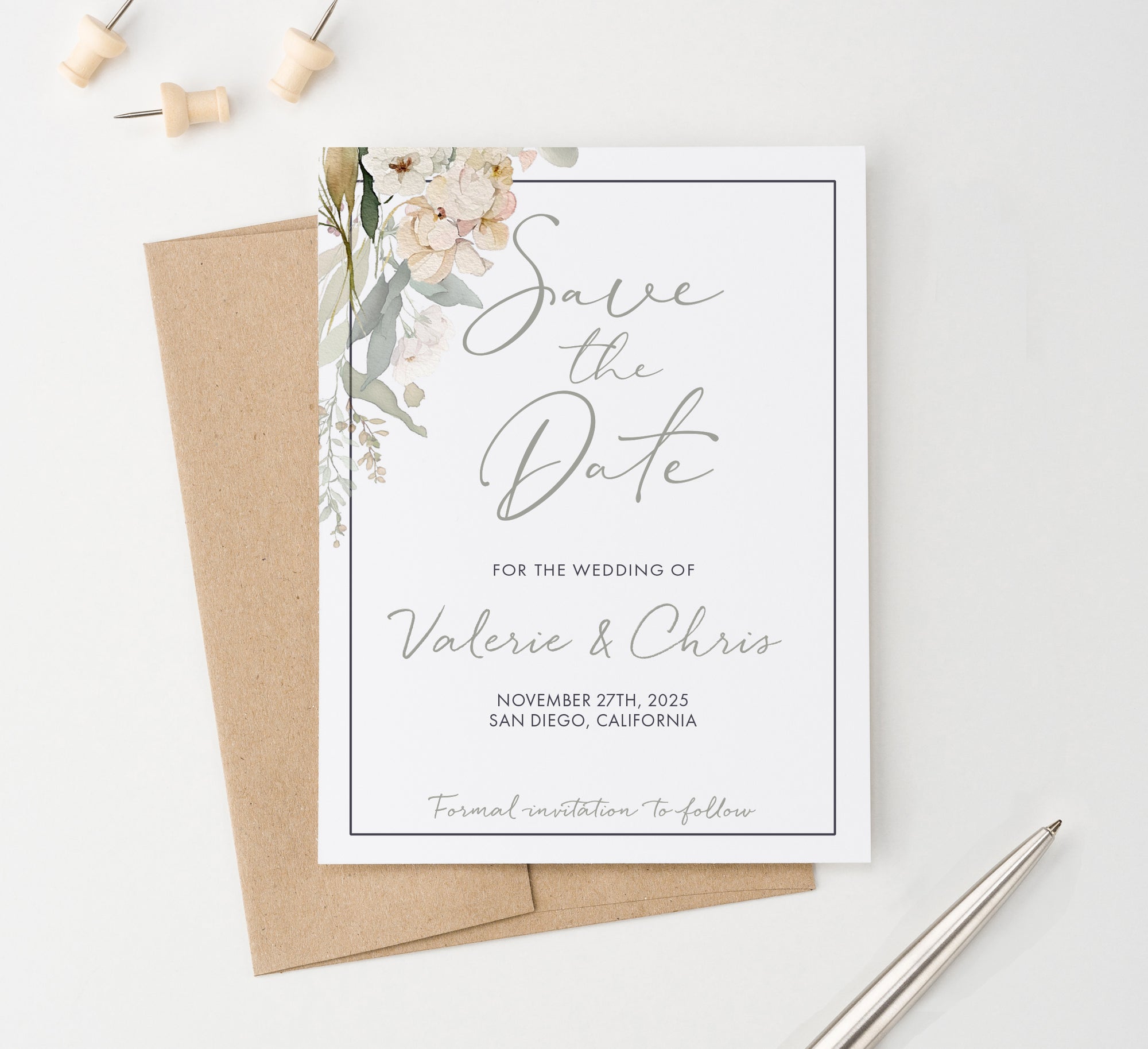 Elegant Save The Date With Watercolor Florals
