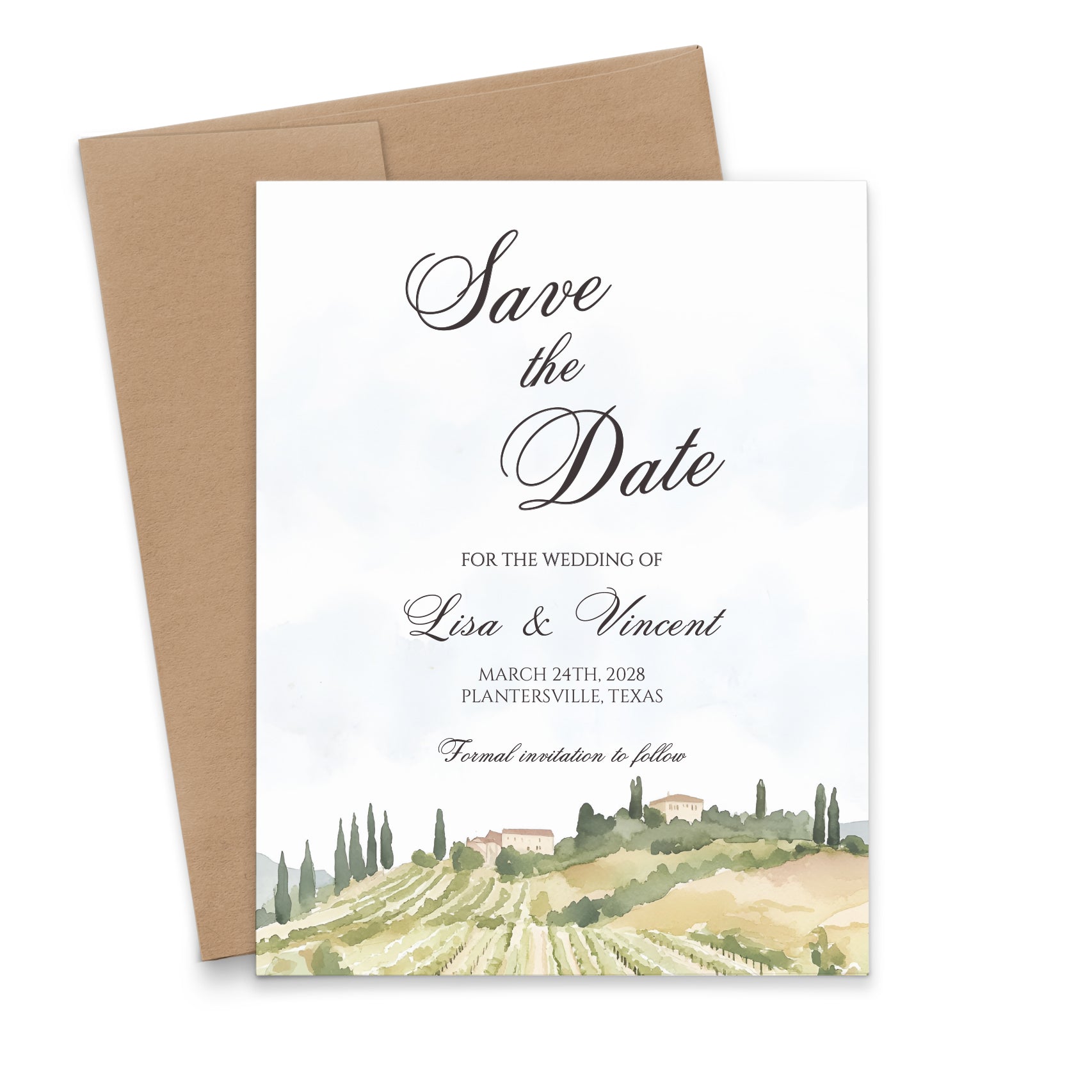 Modern Save The Date With Watercolor Vineyard