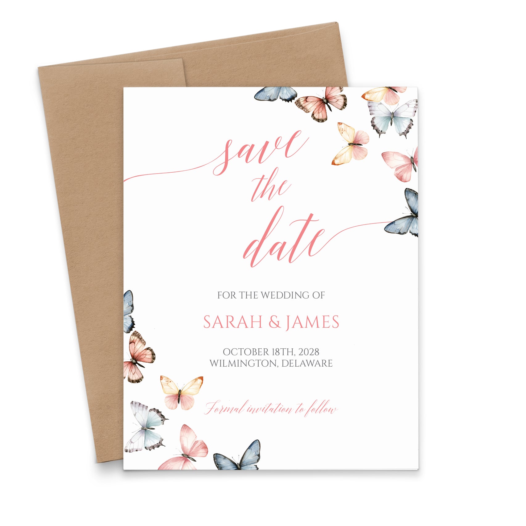 Elegant Pink And Blue Save The Dates With Butterflies