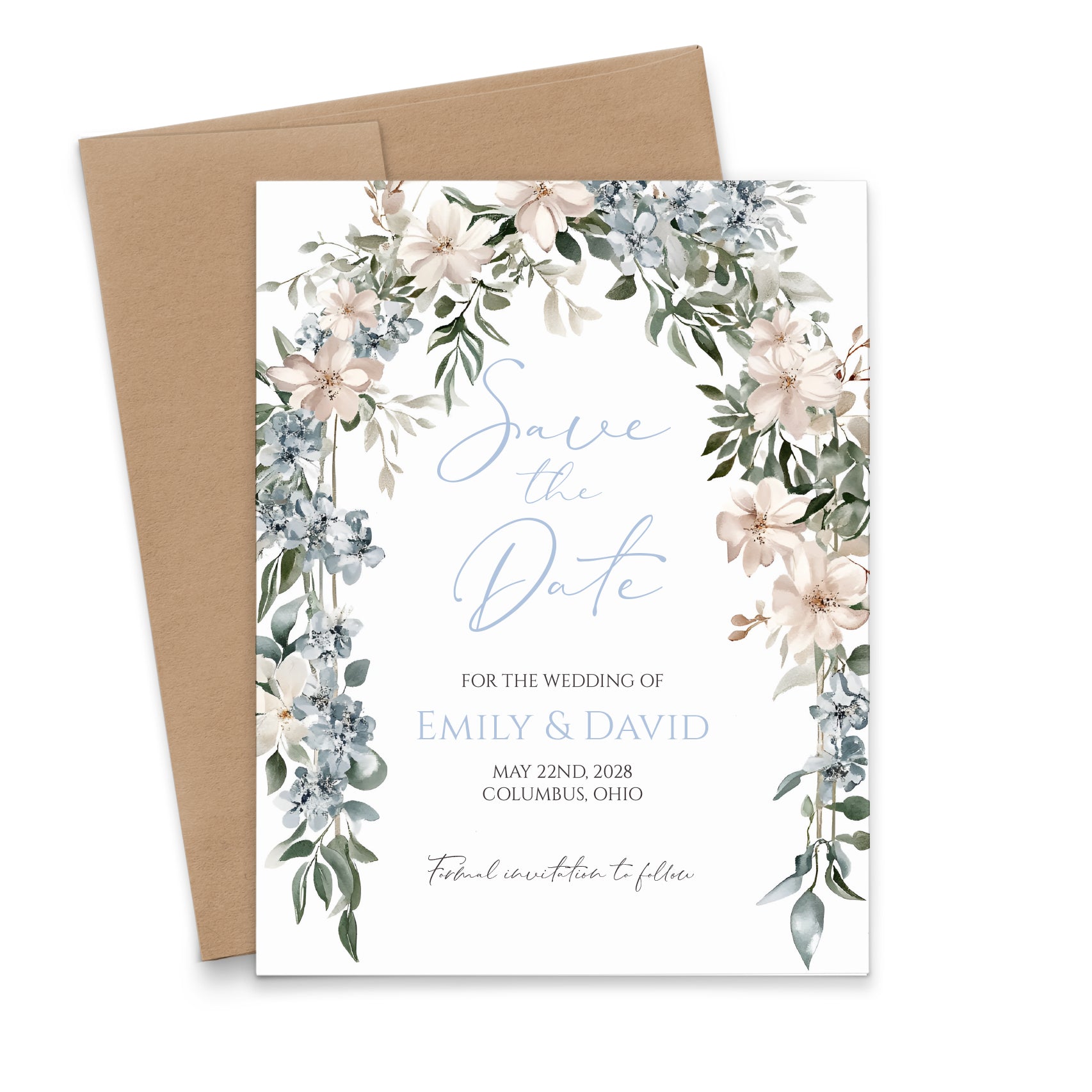 Classy Dusty Blue Save The Date Cards With Flowers 