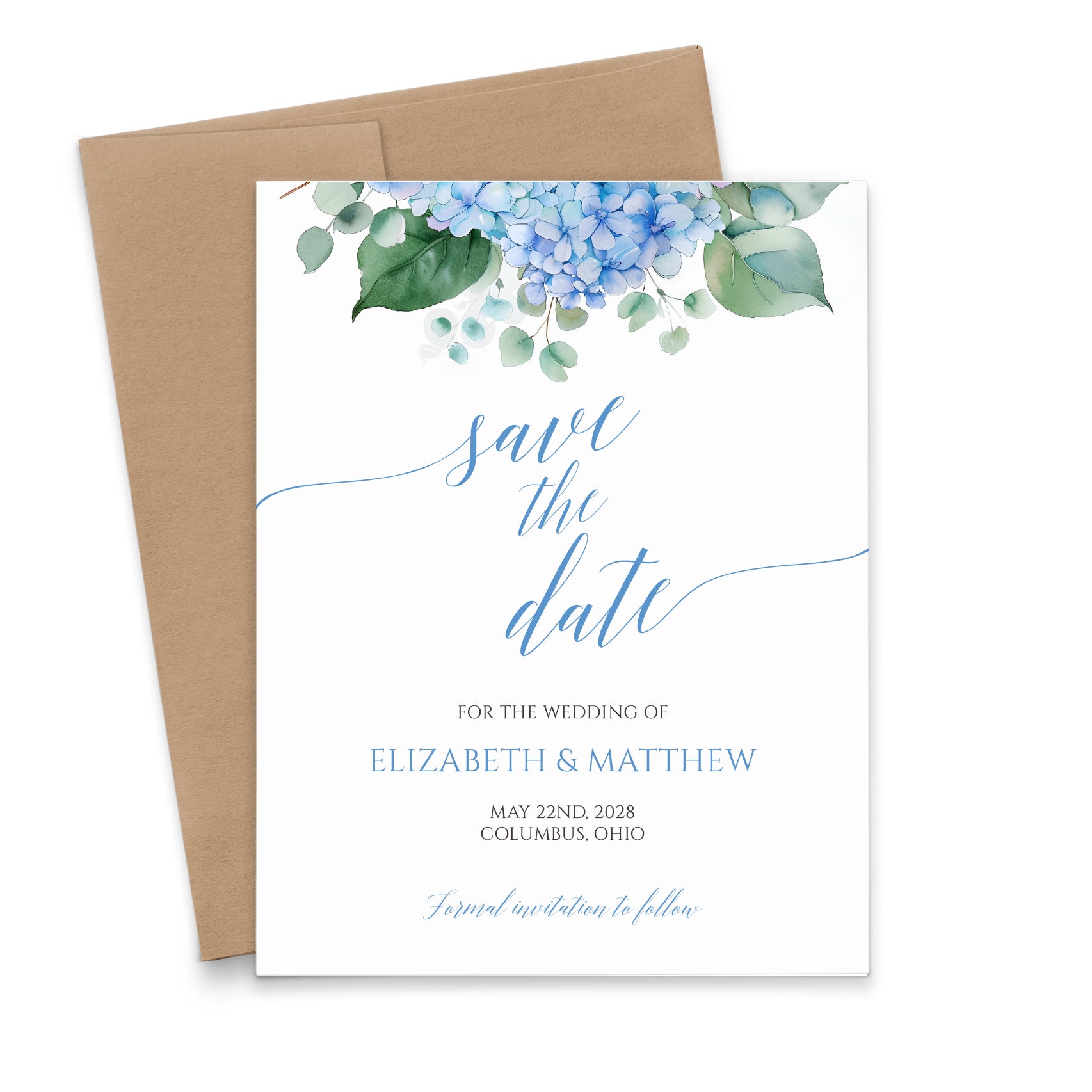 Floral Save The Date Cards With Blue Hydrangeas