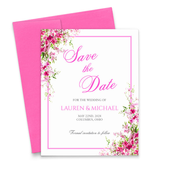 Hot Pink Floral Save The Date Cards With Greenery - Modern Pink Paper