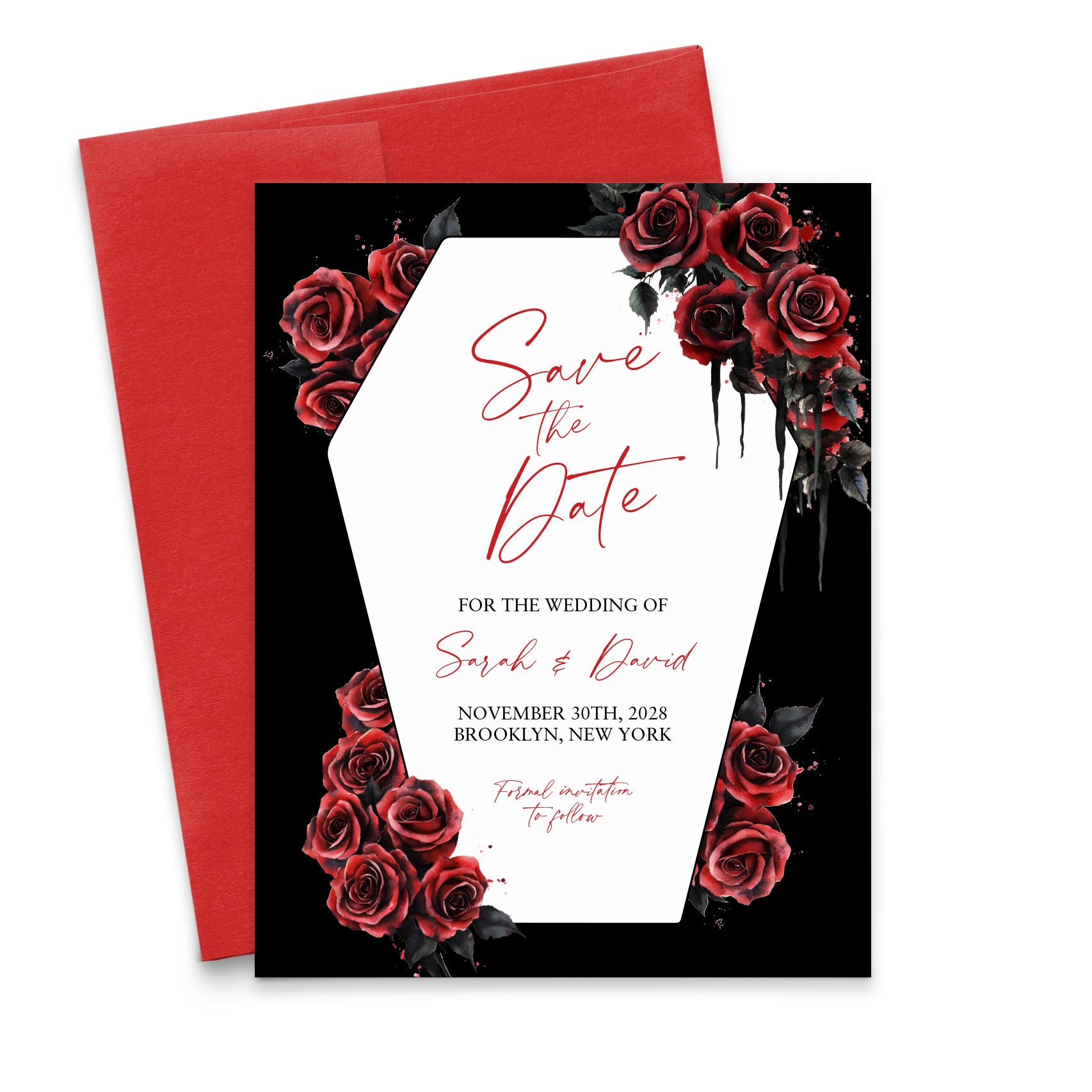 Personalized Gothic Save The Date Invitation With Red Roses