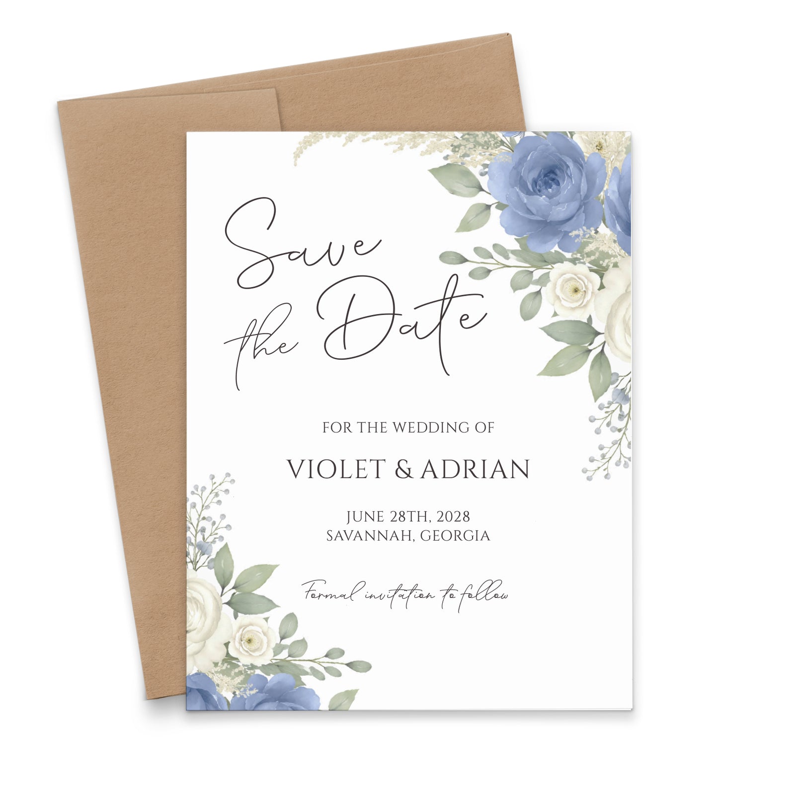 Dusty Blue and Ivory Rose Save the Date Cards