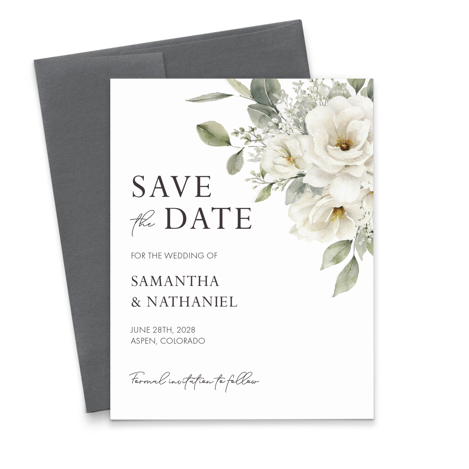 White Floral and Greenery Custom Save the Dates