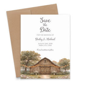 Rustic Barn and String Lights Wedding Save the Dates