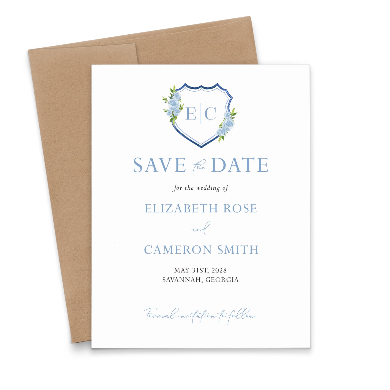 Blue Floral Crest Monogram Save the Date Cards