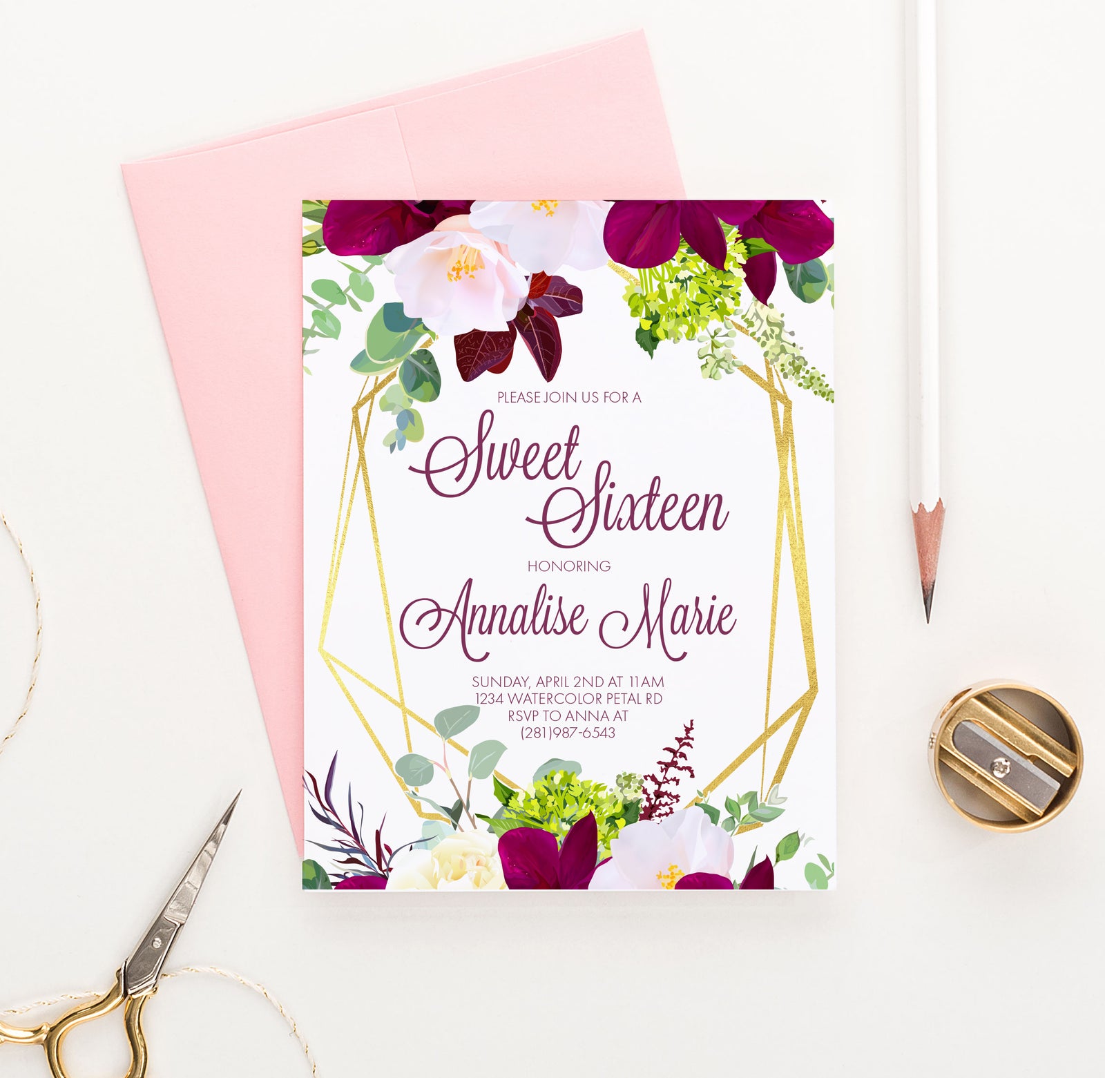 Custom Elegant Burgundy Floral Sweet Sixteen Invitations With Gold Frame