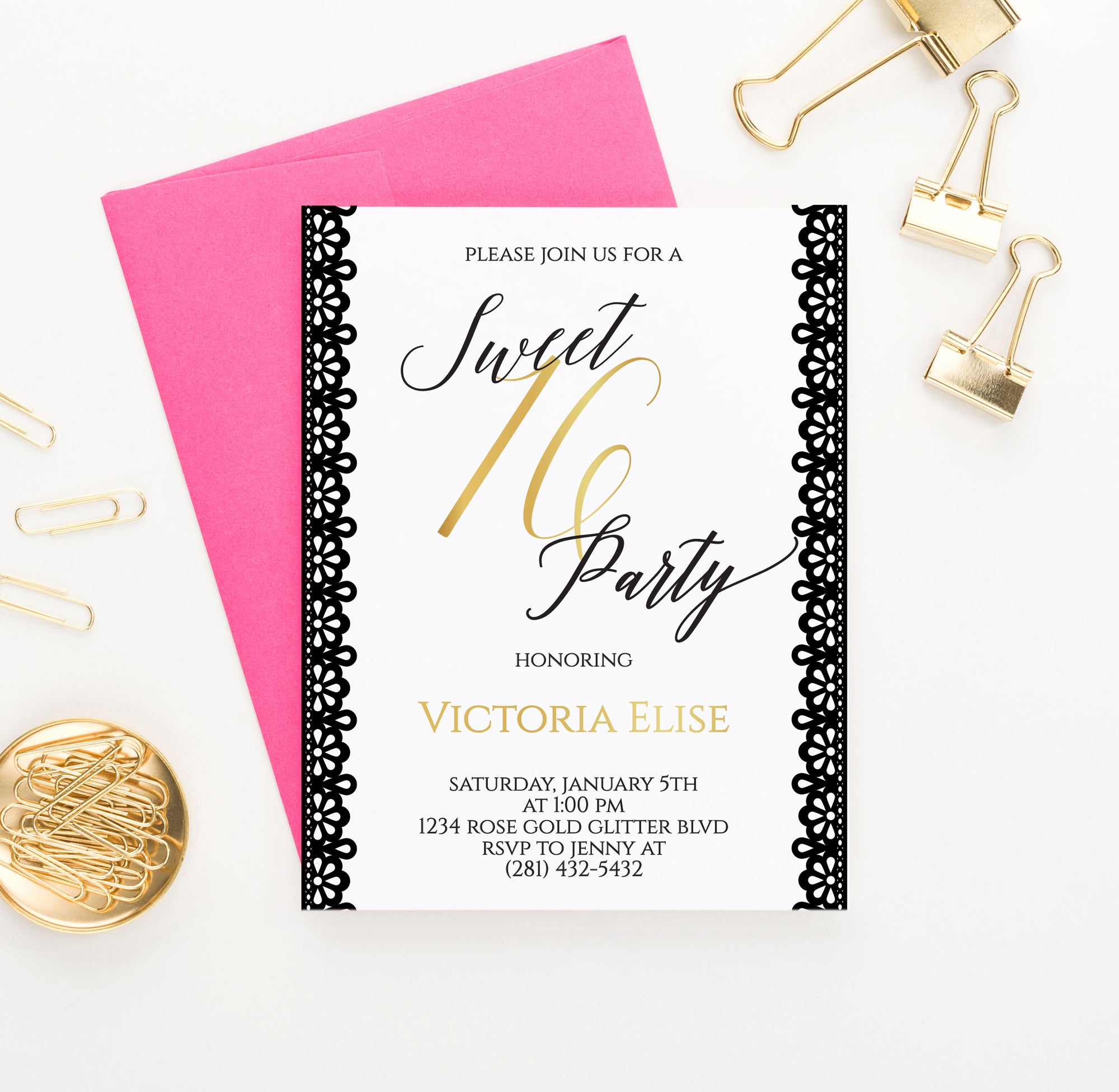Black Lace Sweet 16 Invitations Personalized