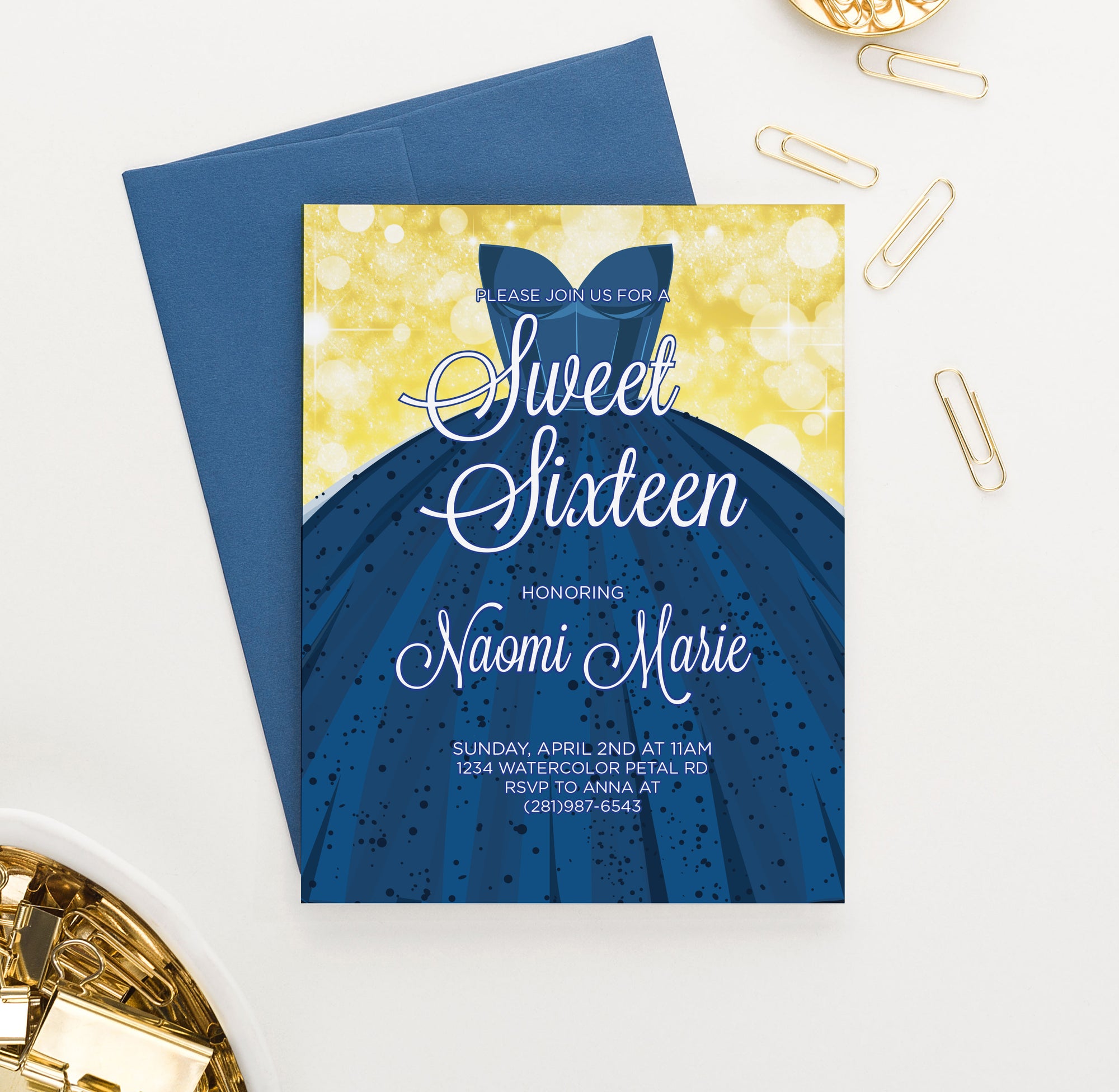 Elegant Blue Dress Sweet Sixteen Invitations Personalized