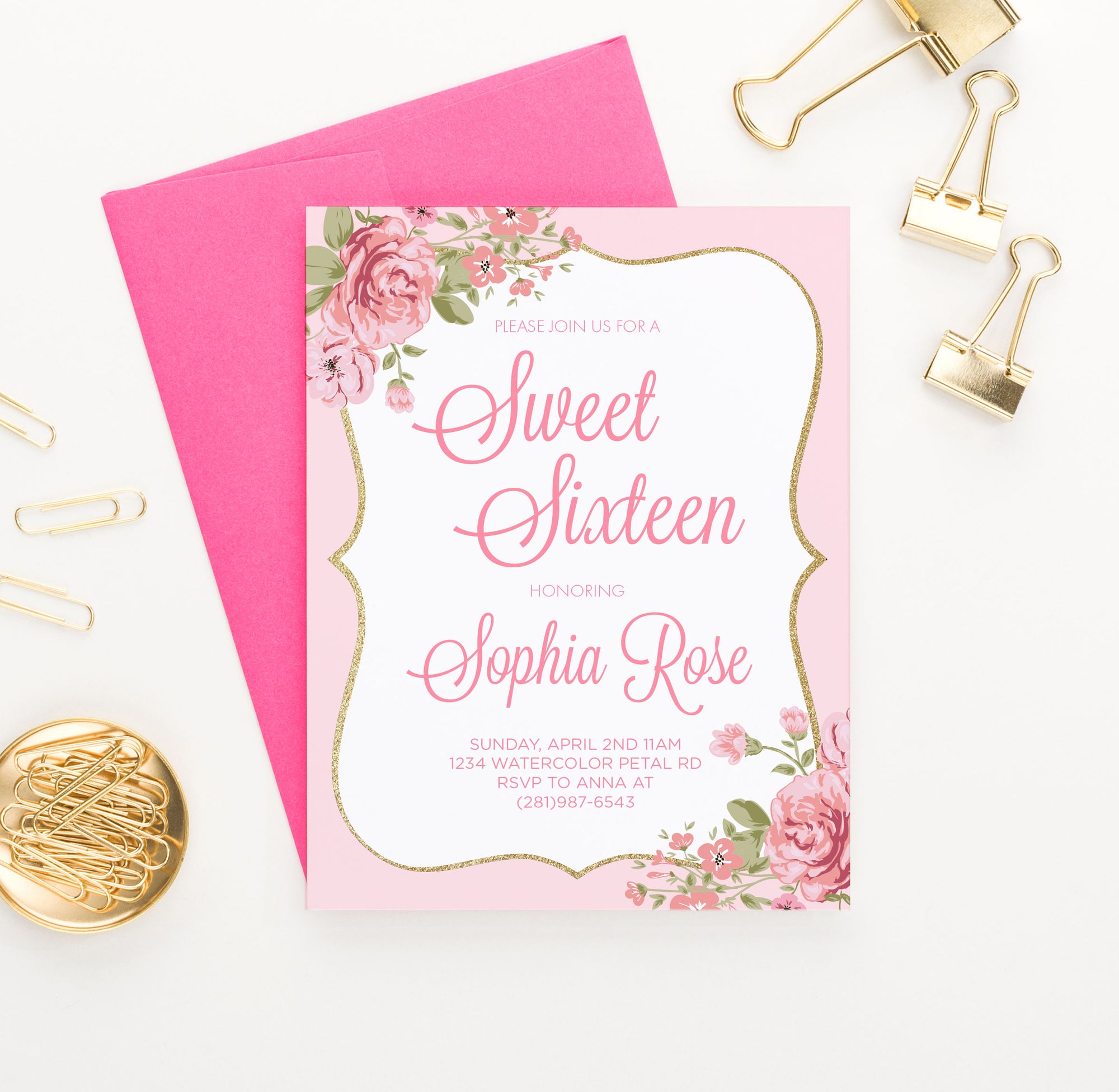 Personalized Pink Elegant Sweet Sixteen Invitations With Florals 