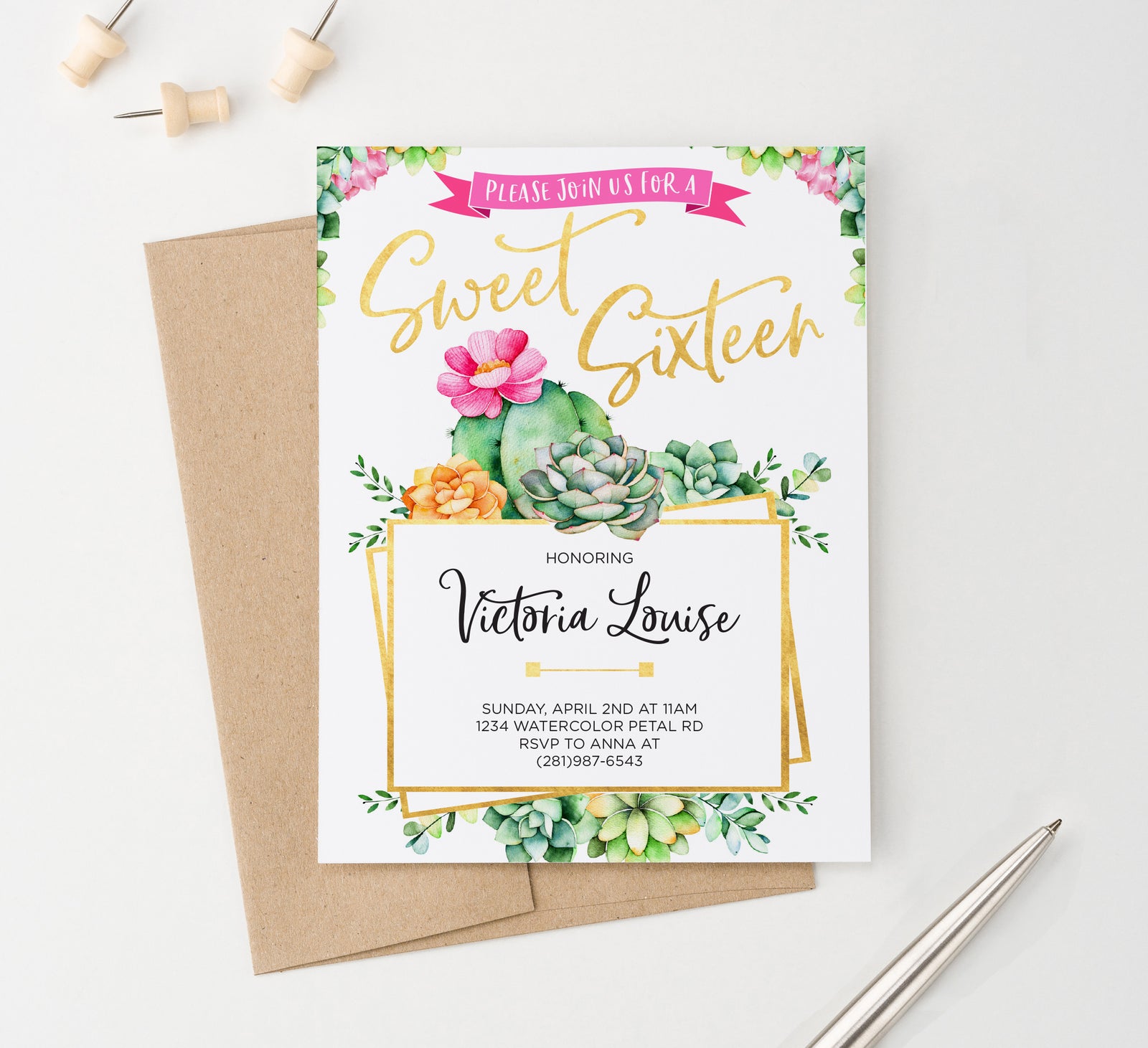 Succulent Sweet Sixteen Invitations With Gold Personalized
