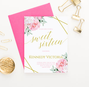 Personalized Pink And Gold Sweet Sixteen Invitations With Floral Corners