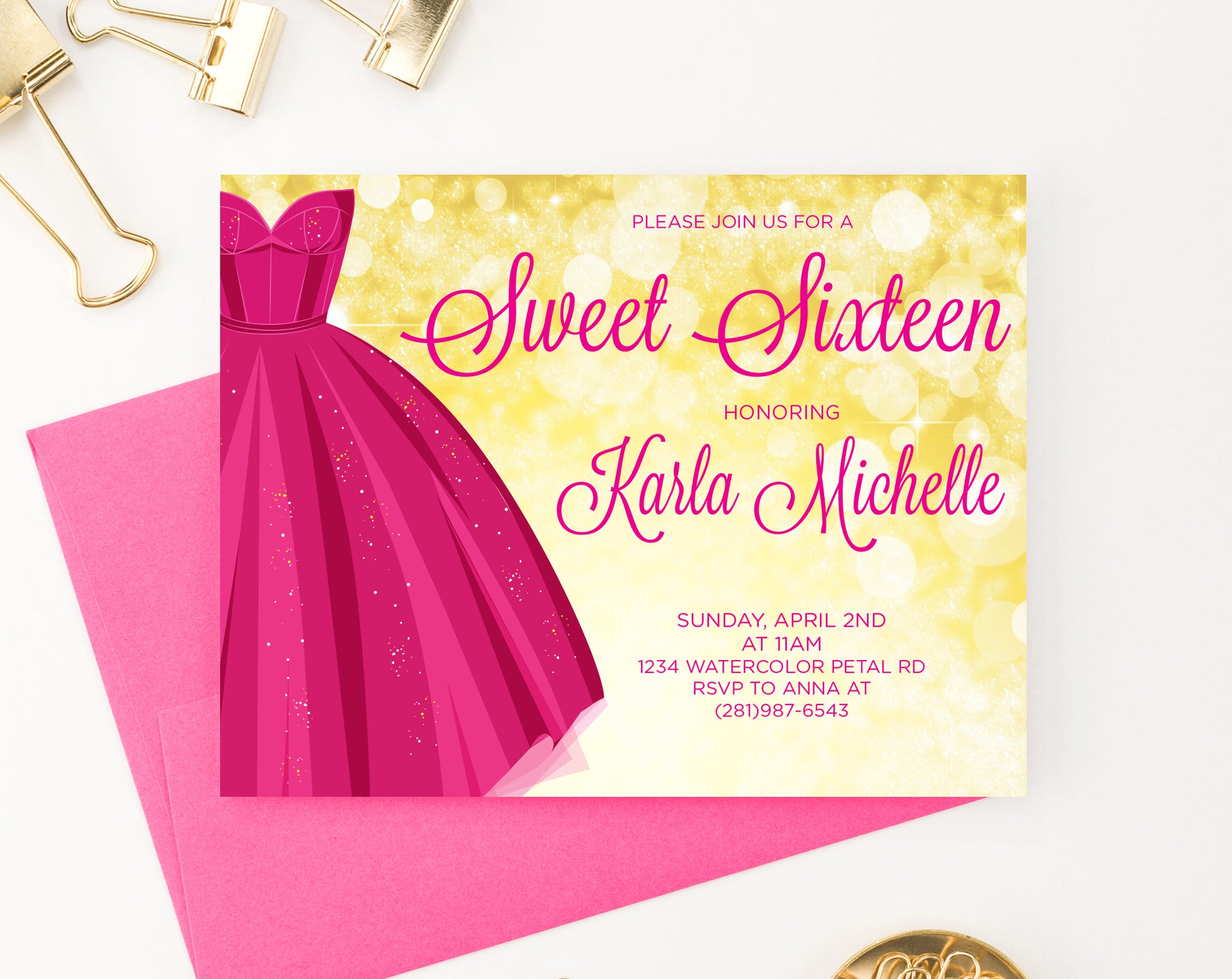 Elegant Pink Dress Sweet Sixteen Invitations With Gold Personalized