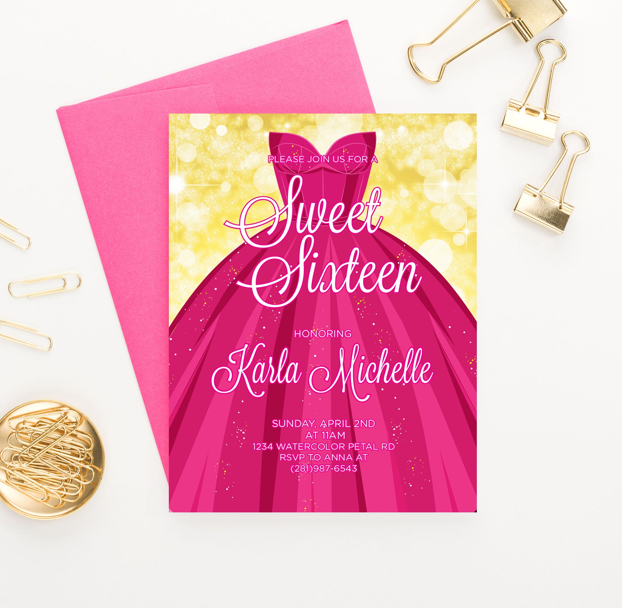 Elegant Pink Dress Sweet Sixteen Invitations Personalized
