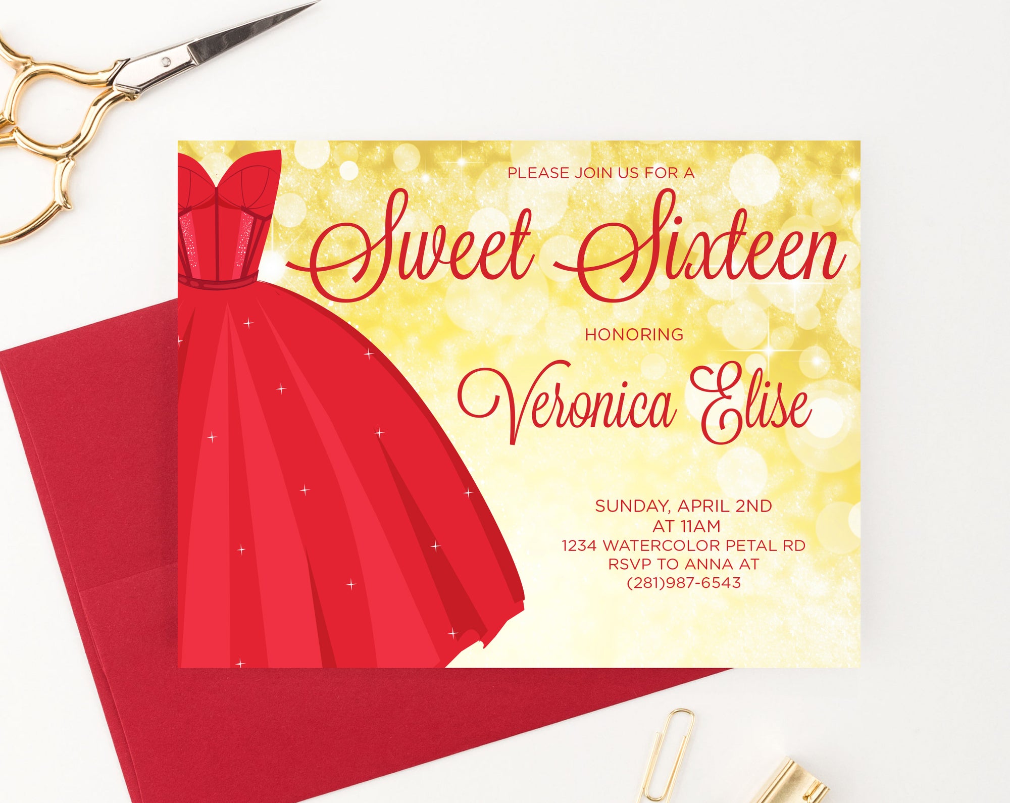 Elegant Red Dress Sweet Sixteen Invitations With Gold Personalized