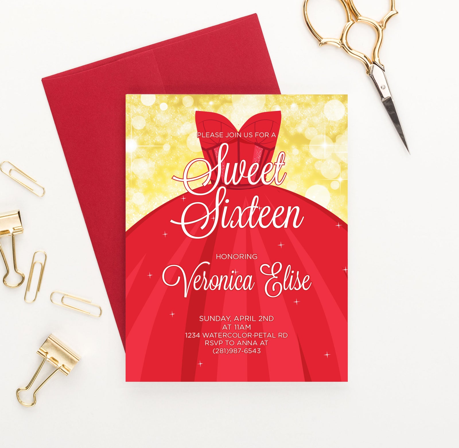 Elegant Red Dress Sweet Sixteen Invitations Personalized