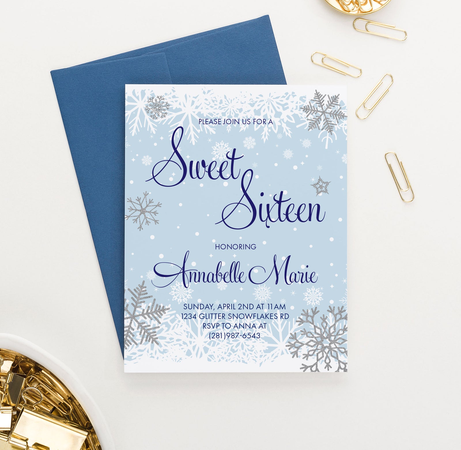 Snowflake Winter Wonderland Sweet Sixteen Invitations Personalized