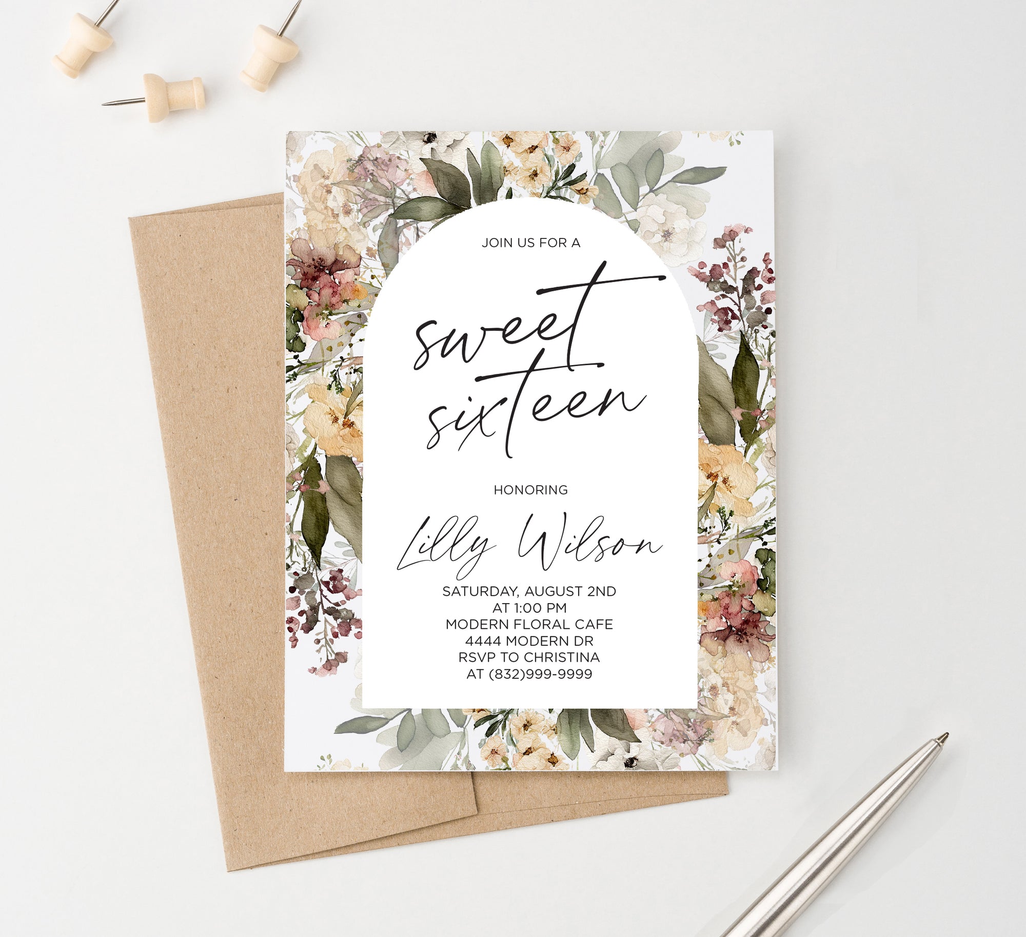 Elegant Sweet Sixteen Invitations With Floral Arch