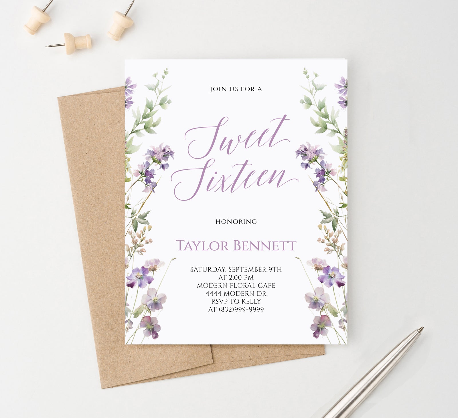 Classic Floral Purple Sweet Sixteen Invitations