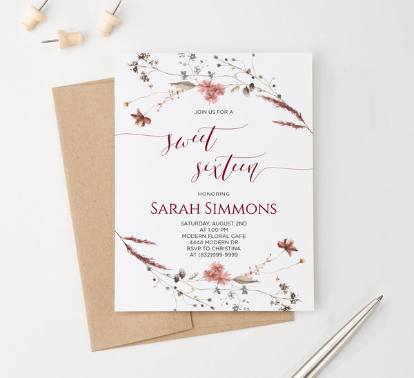 Rustic Wildflower Custom Sweet 16 Party Invitations - Modern Pink Paper