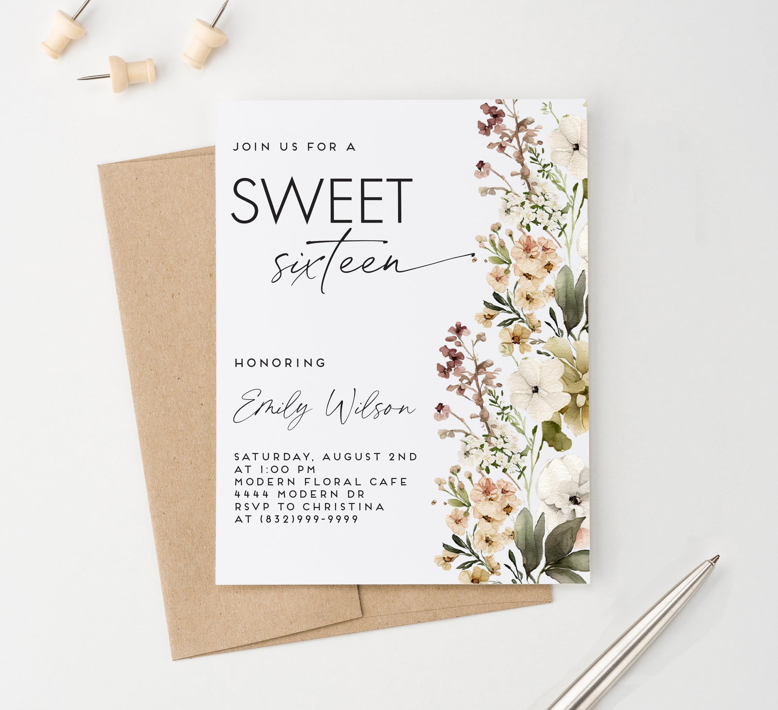 Minimalist Sweet 16 Invitations With Florals
