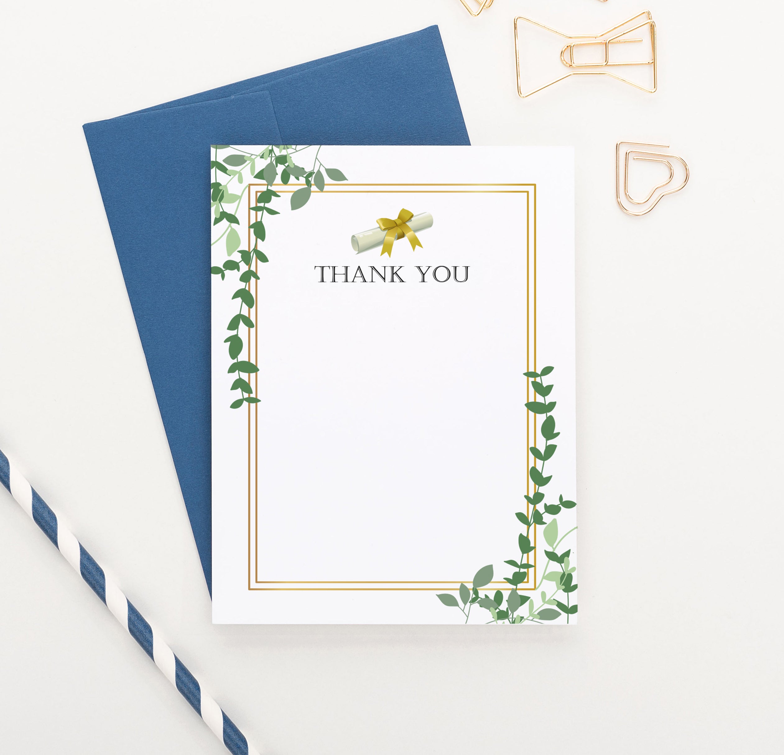 Greenery Graduation Thank You Note Cards with Diploma - Modern Pink Paper Greenery Graduation Thank You Note Cards with Diploma - Modern Pink Paper
