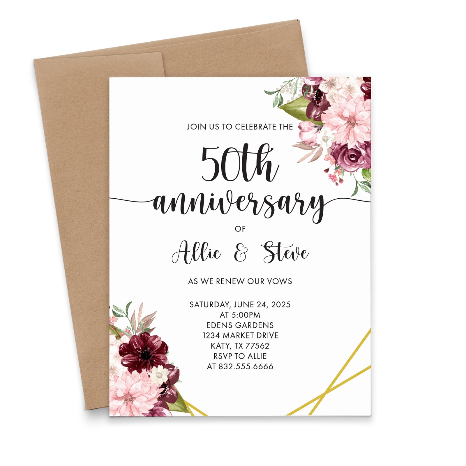 Floral Wedding Anniversary Invitations Burgundy And Gold