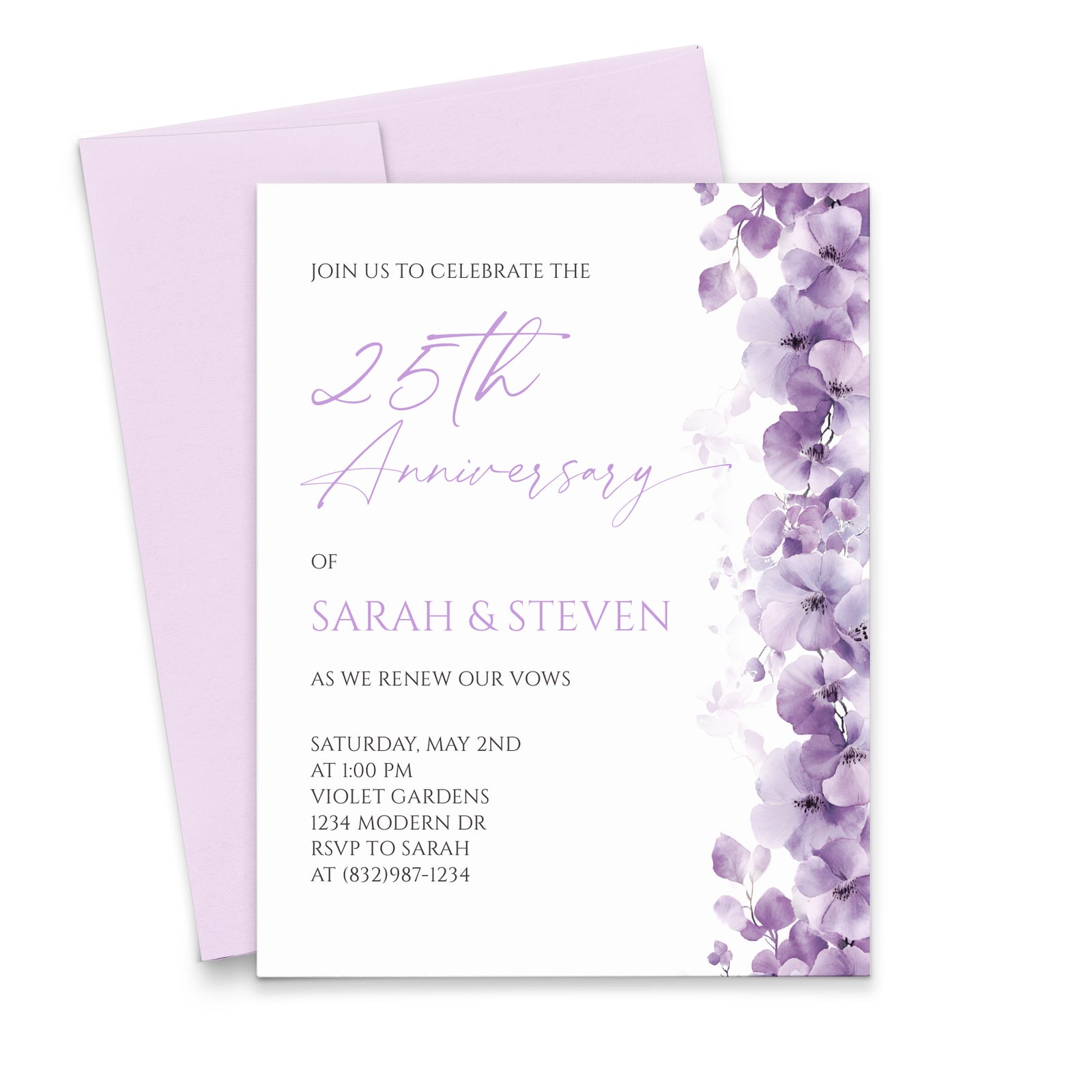Purple Theme Wedding Anniversary Invitation With Flowers