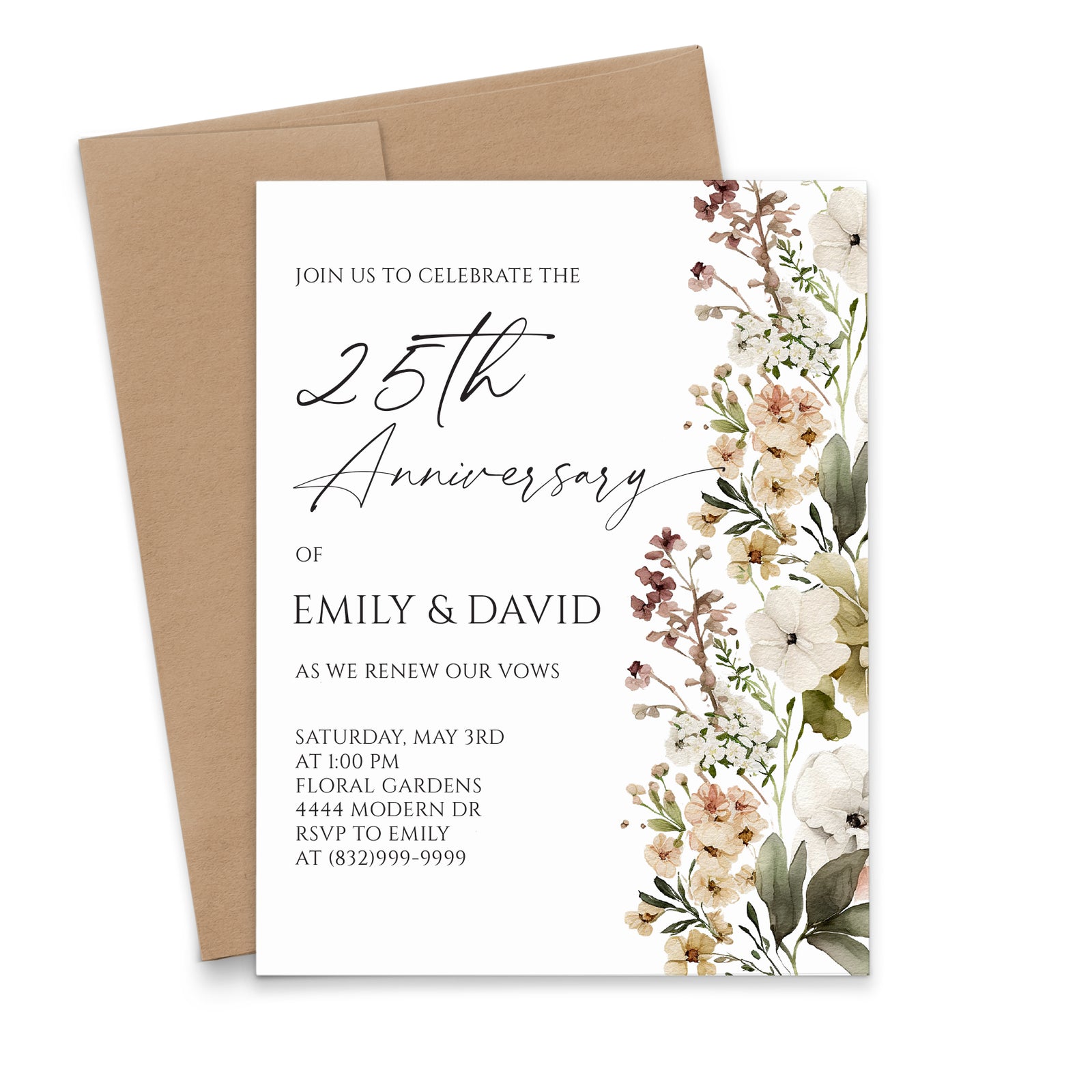 Botanical Wedding Anniversary Invitations With Wildflowers