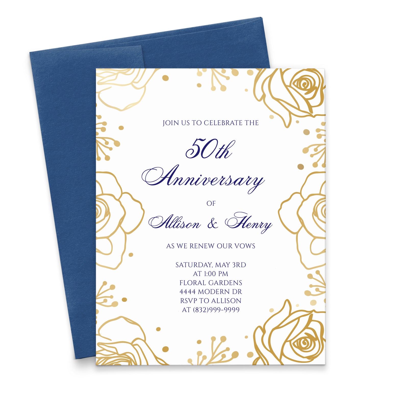 Blue And Gold Wedding Vow Renewal Invitations Elegant