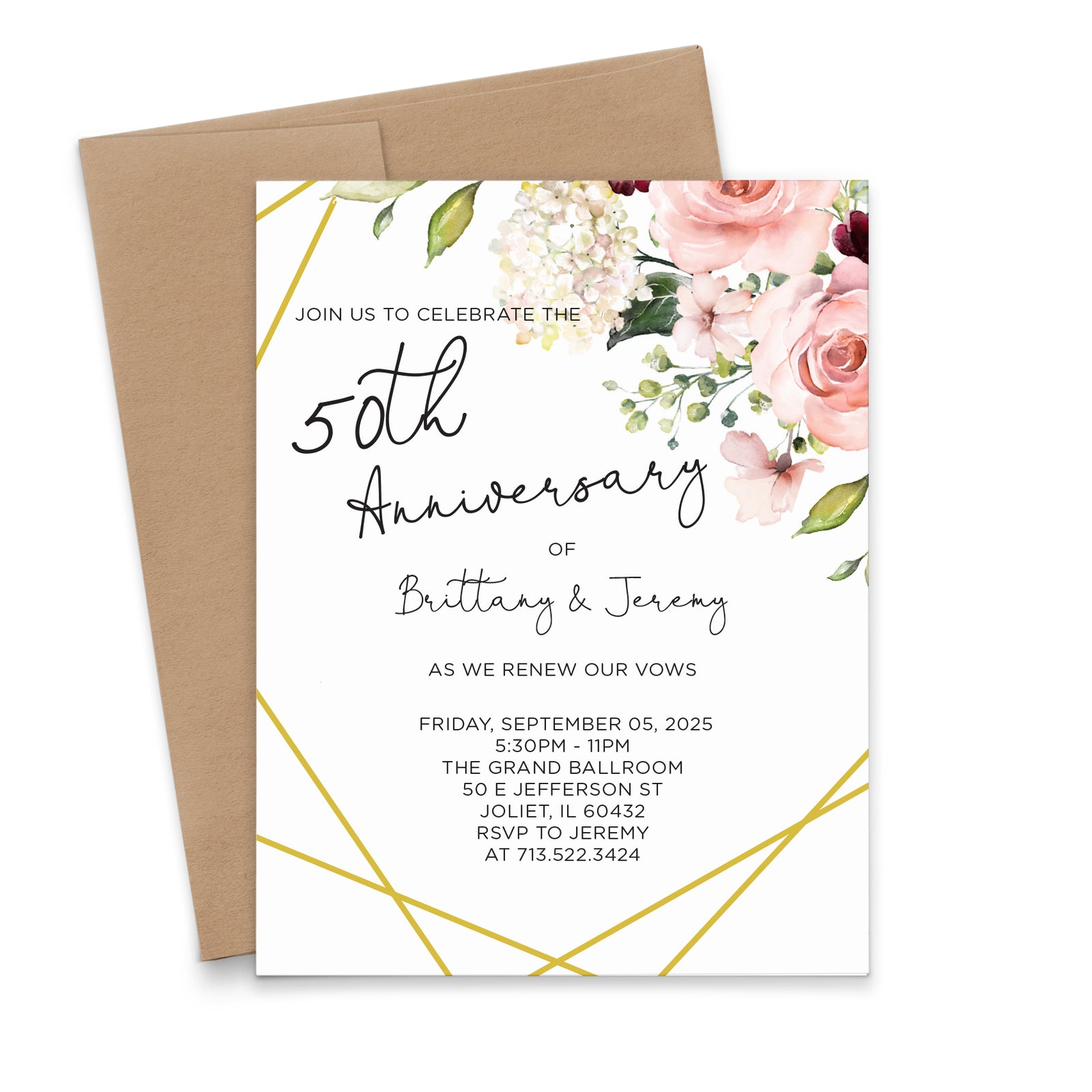 Floral Wedding Anniversary Invitation Card Pink And Gold