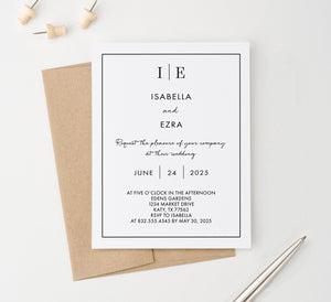     WI003 Personalized Classic Wedding Invitation with Initials and Border classy modern simple invites marriage