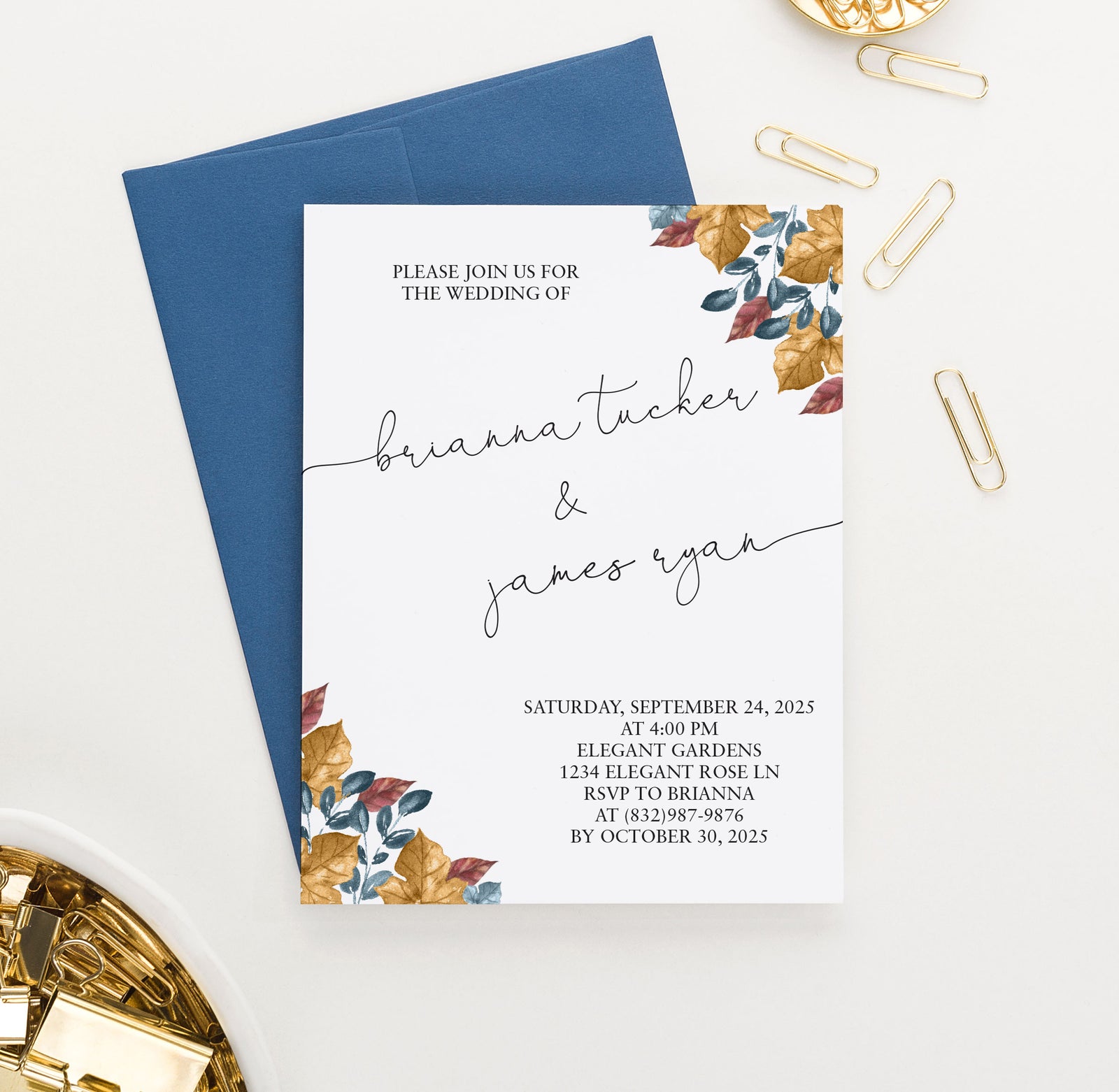 WI004 Personalized Fall Wedding Invitations with Leaves blue brown elegant modern autumn invites marriage