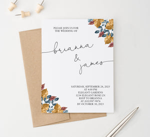 WI004 Personalized Fall Wedding Invitations with Leaves blue brown elegant modern autumn invites marriage