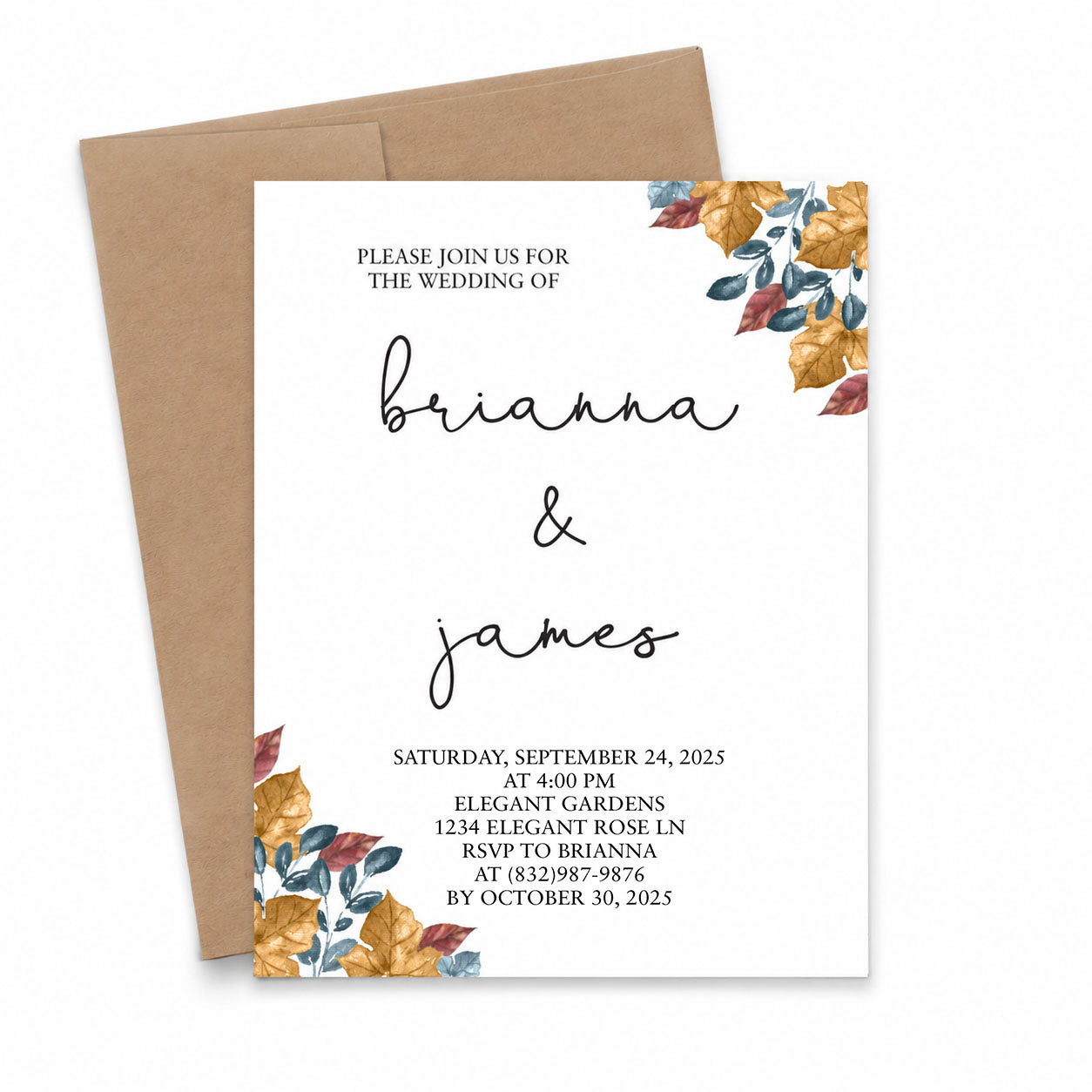 Personalized Fall Wedding Invitations with Leaves