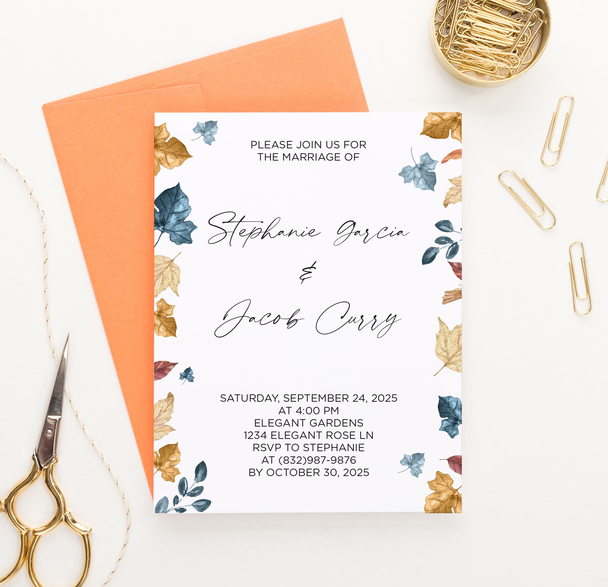 WI005 Customized Autumn Wedding Invitations blue brown elegant fall invites marriage