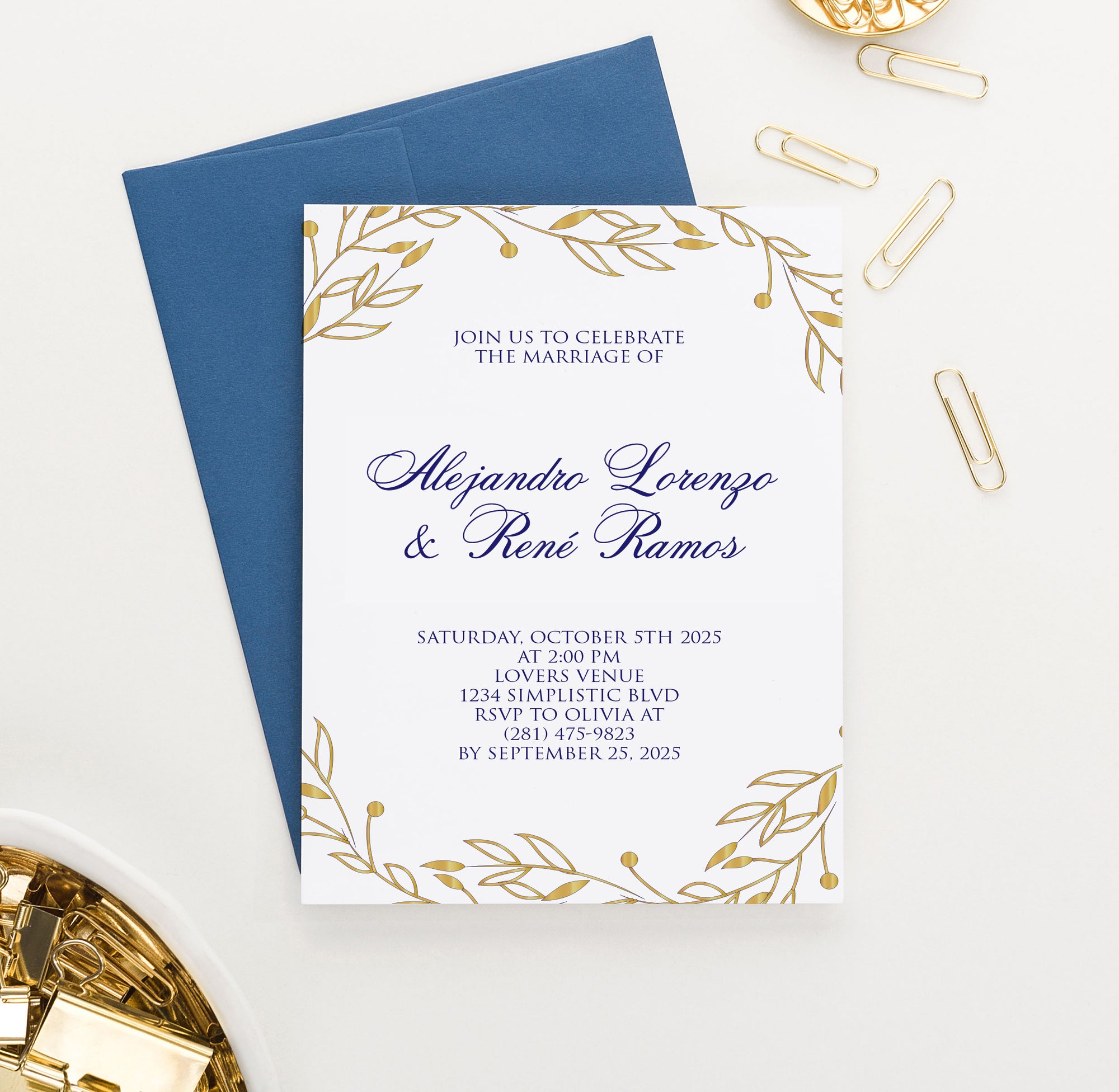 Elegant Navy Blue and Gold Wedding Invitations Personalized