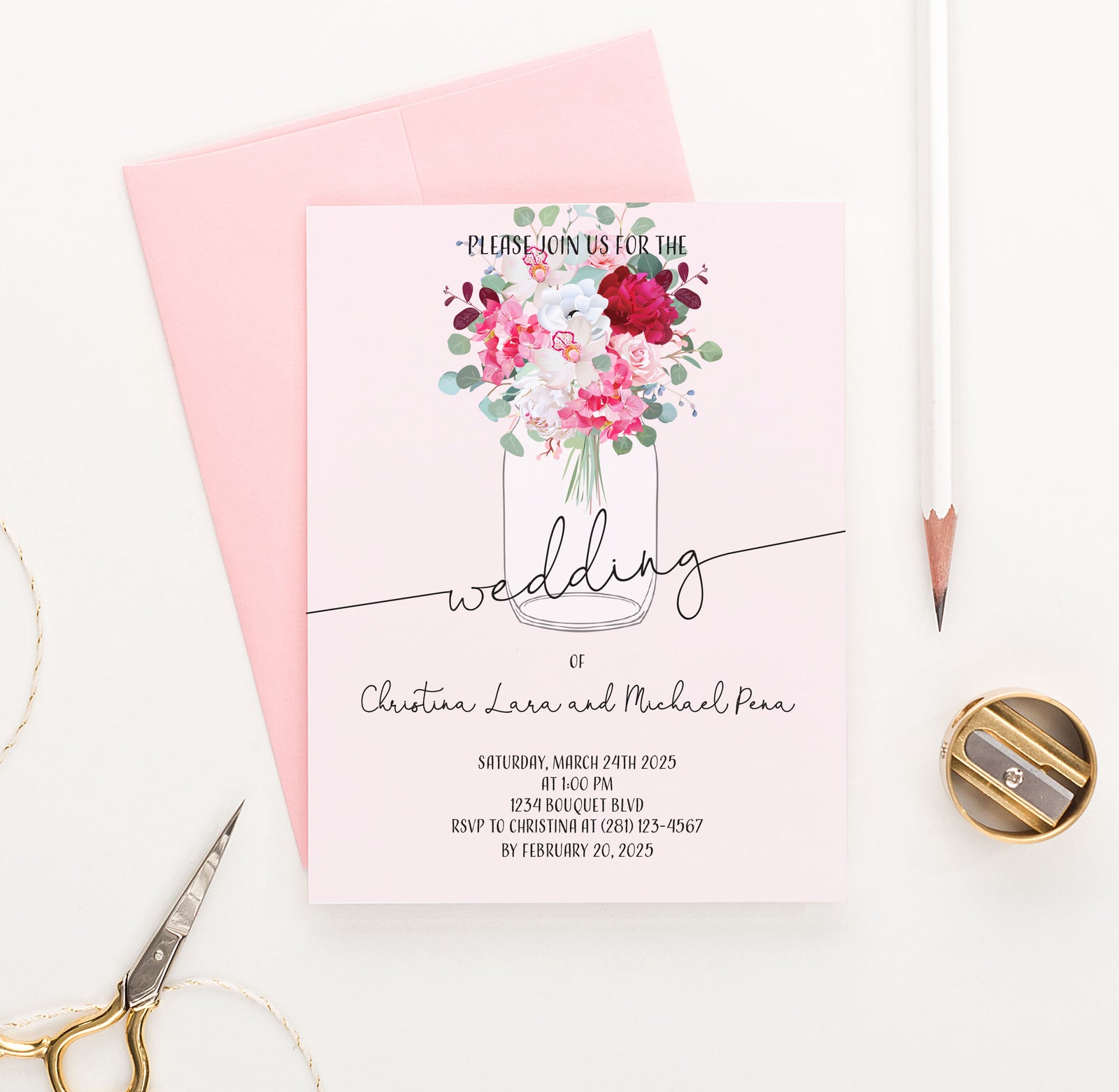 WI007 Rustic Mason Jar Wedding Invitations Personalized floral florals country farmhouse elegant modern invite marriage